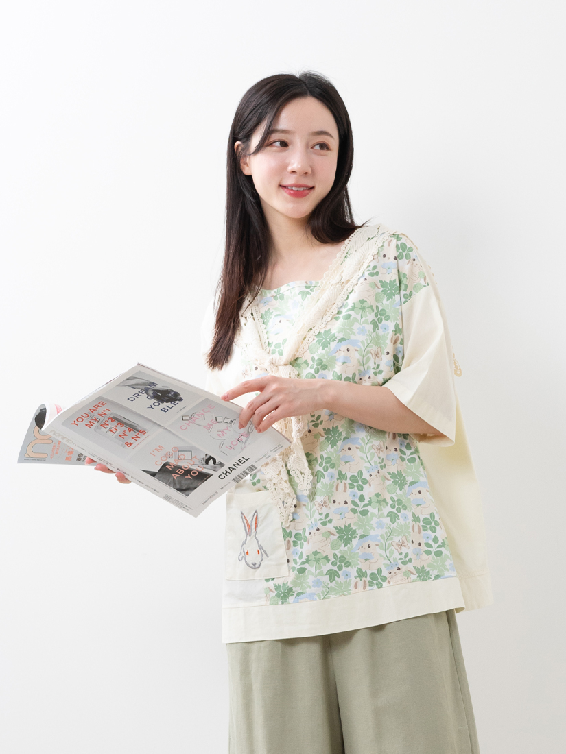 日系雜貨風兔子印花口袋棉質上衣