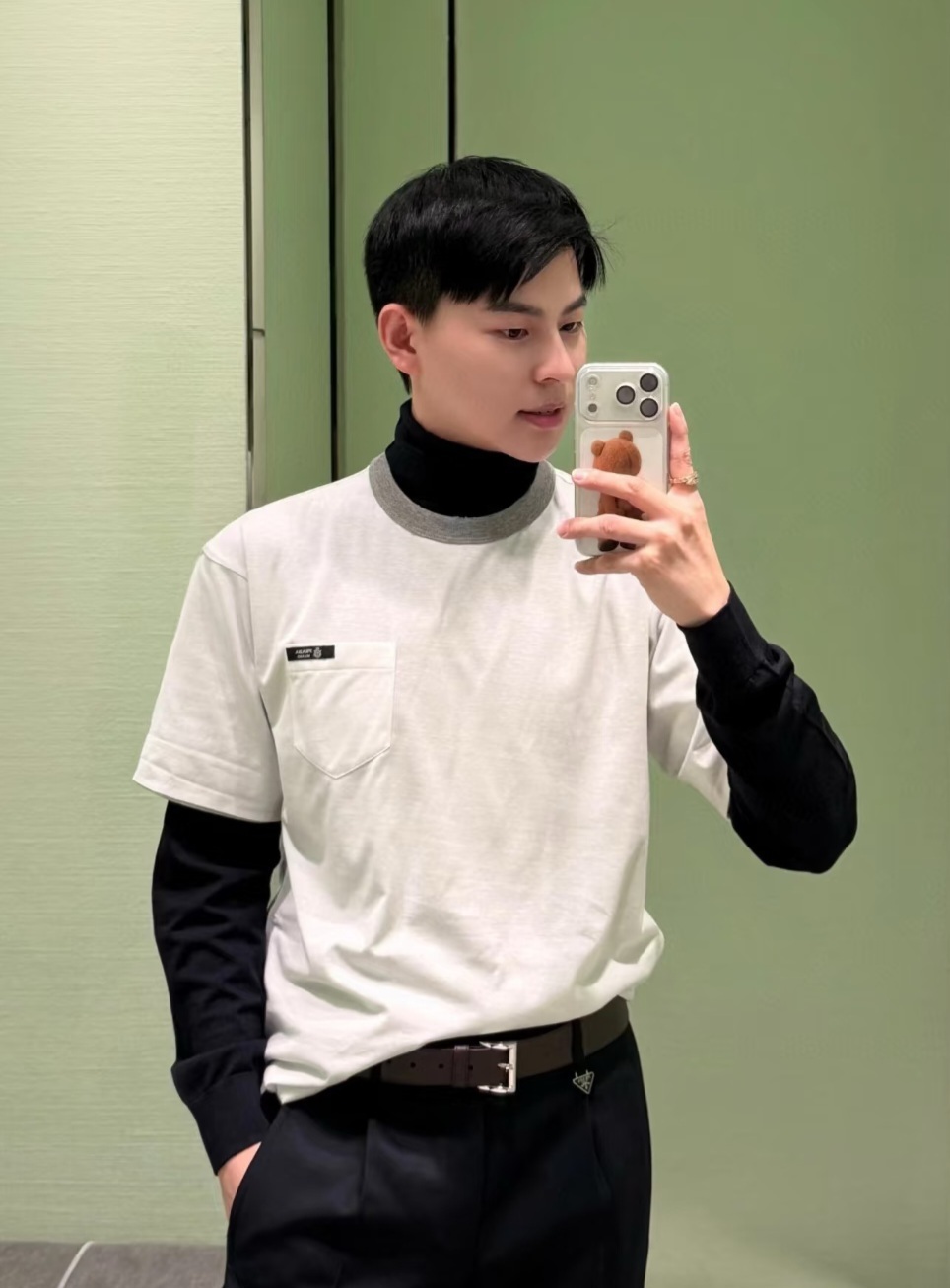 Prada 男款 白色疊灰邊 Tee