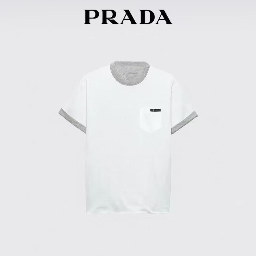 Prada 男款 白色疊灰邊 Tee