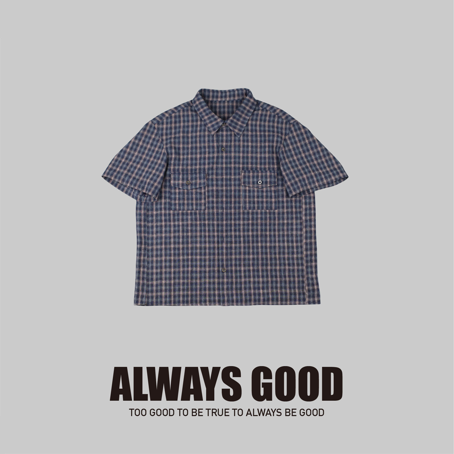 『Always_Good』雙口袋 做舊 短版 格紋 短袖 襯衫