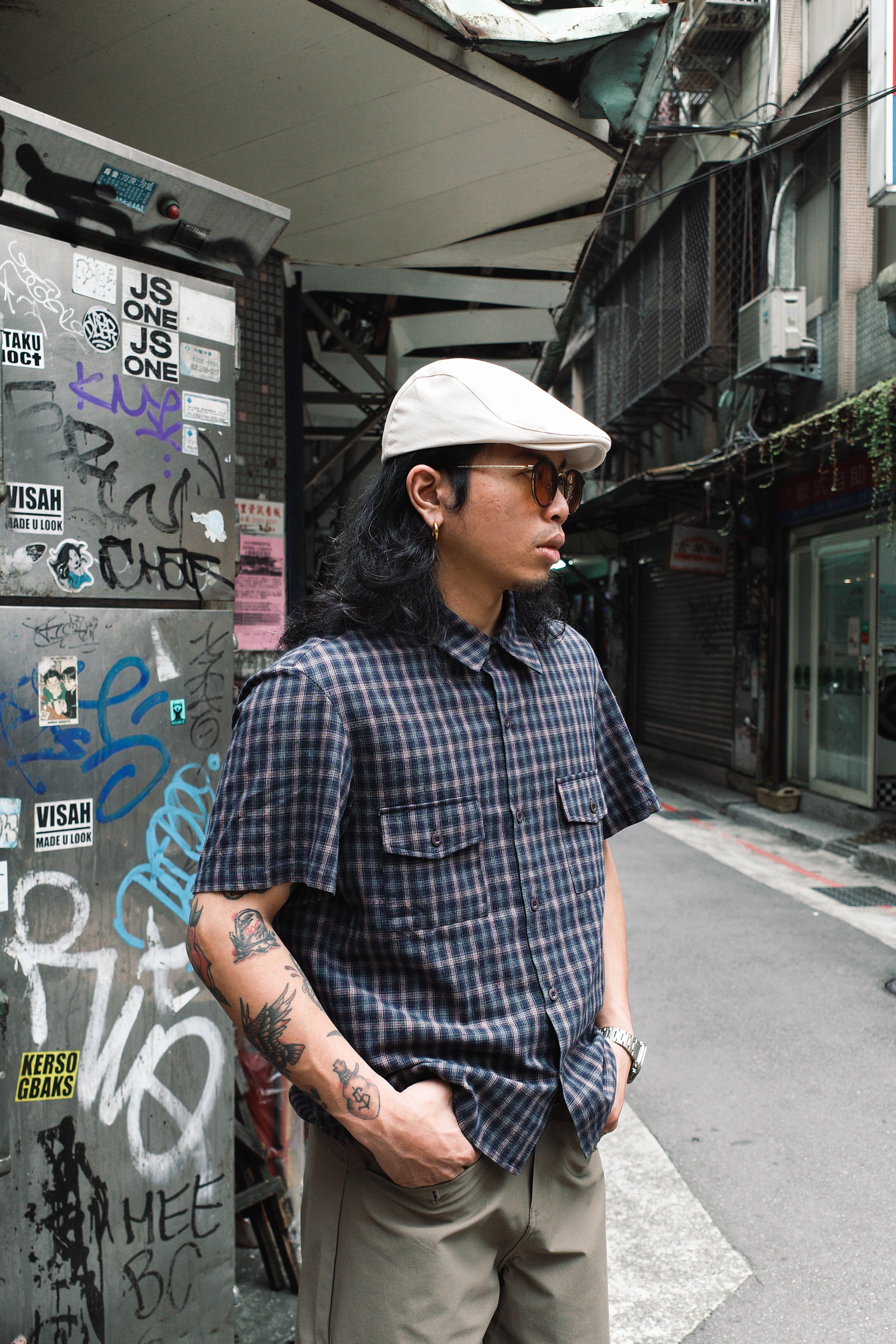 『Always_Good』雙口袋 做舊 短版 格紋 短袖 襯衫