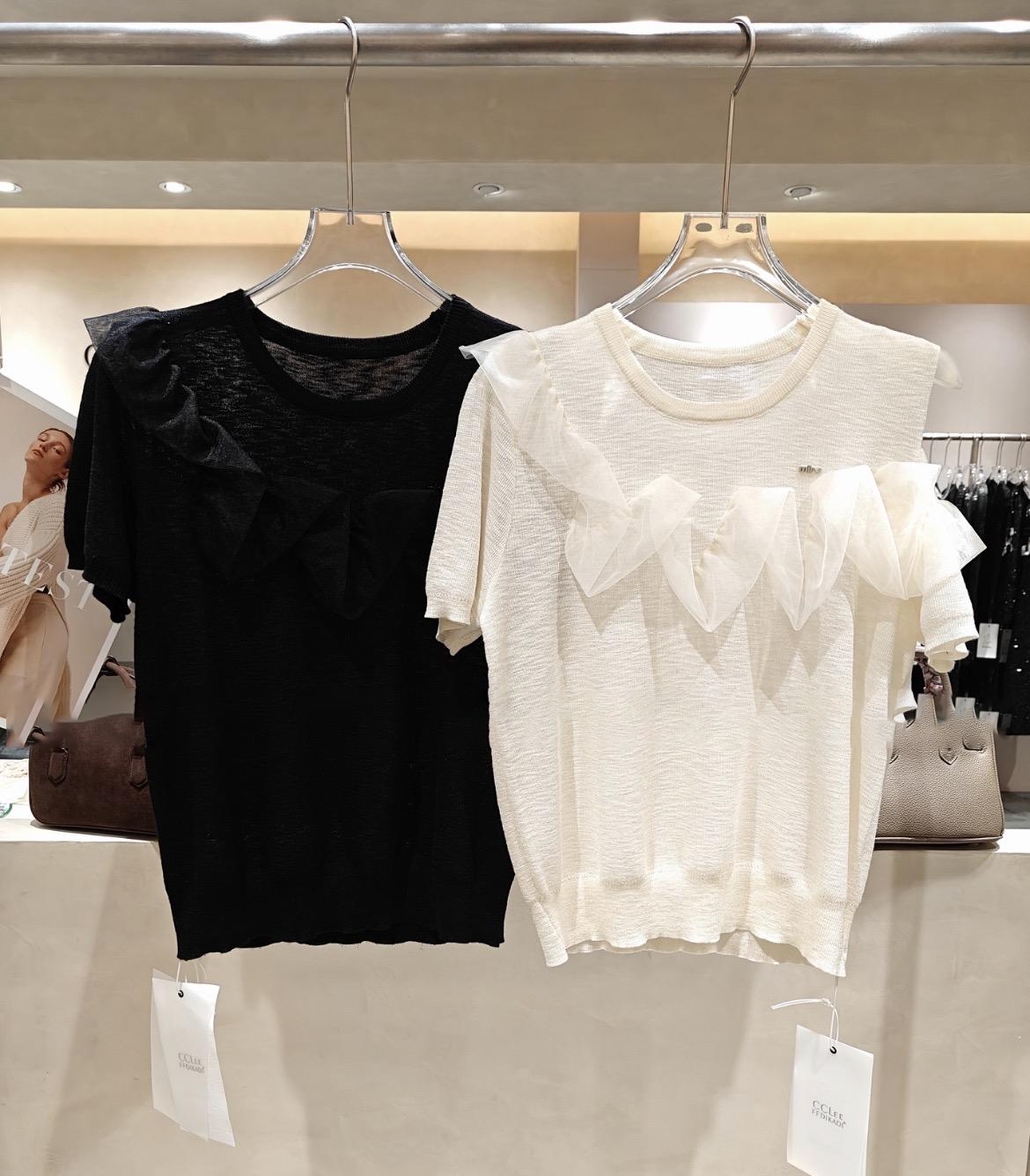 0403gz17-春季服飾-露肩木耳邊拼接氣質天絲亞麻針織衫-均碼(A17)