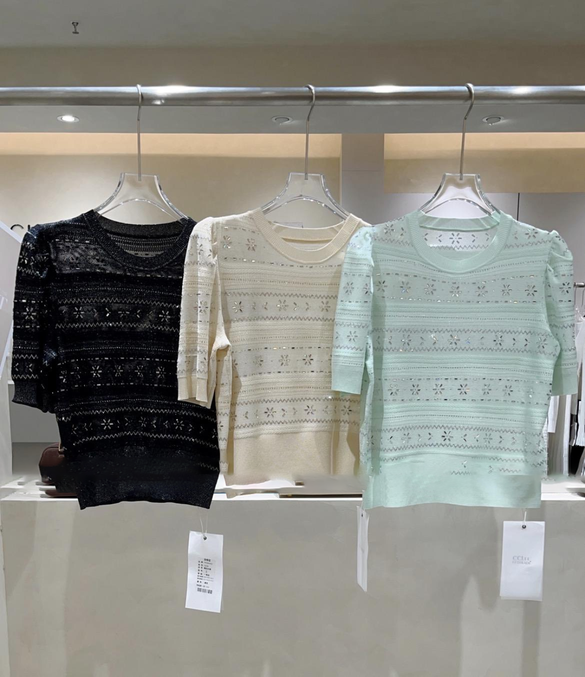 0403gz28-春季服飾-手工燙鑽圓領收腰針織衫(A28)