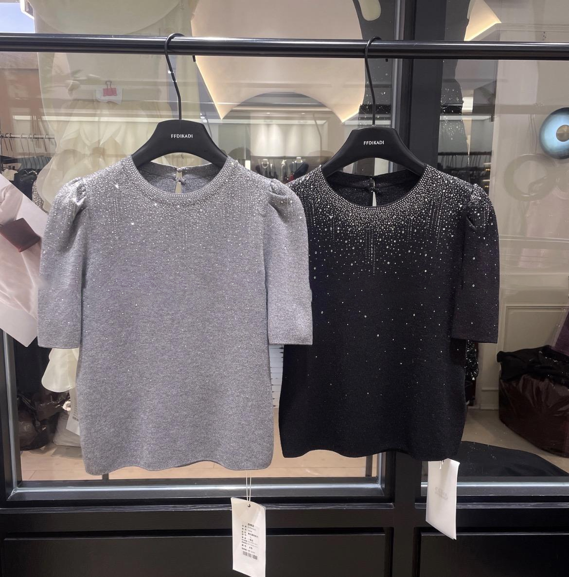 0403gz29-春季服飾-高級感滿天星燙鑽羊毛短袖針織衫(A29)