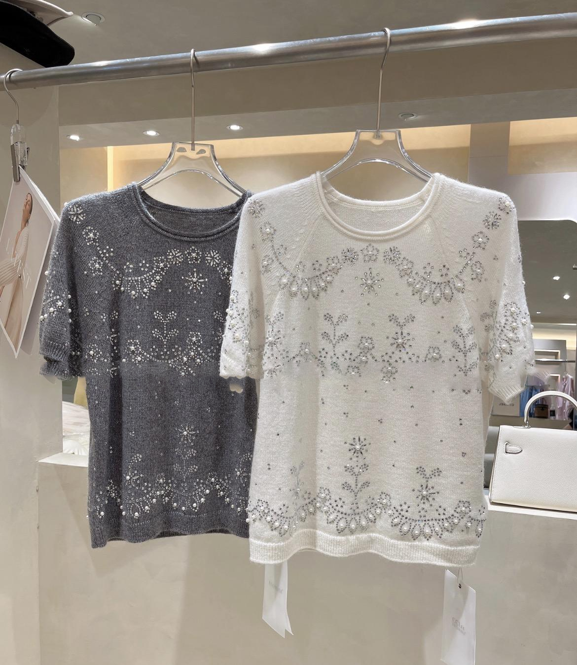 0403gz30-春季服飾-手工珍珠燙鑽短袖針織上衣(A30)