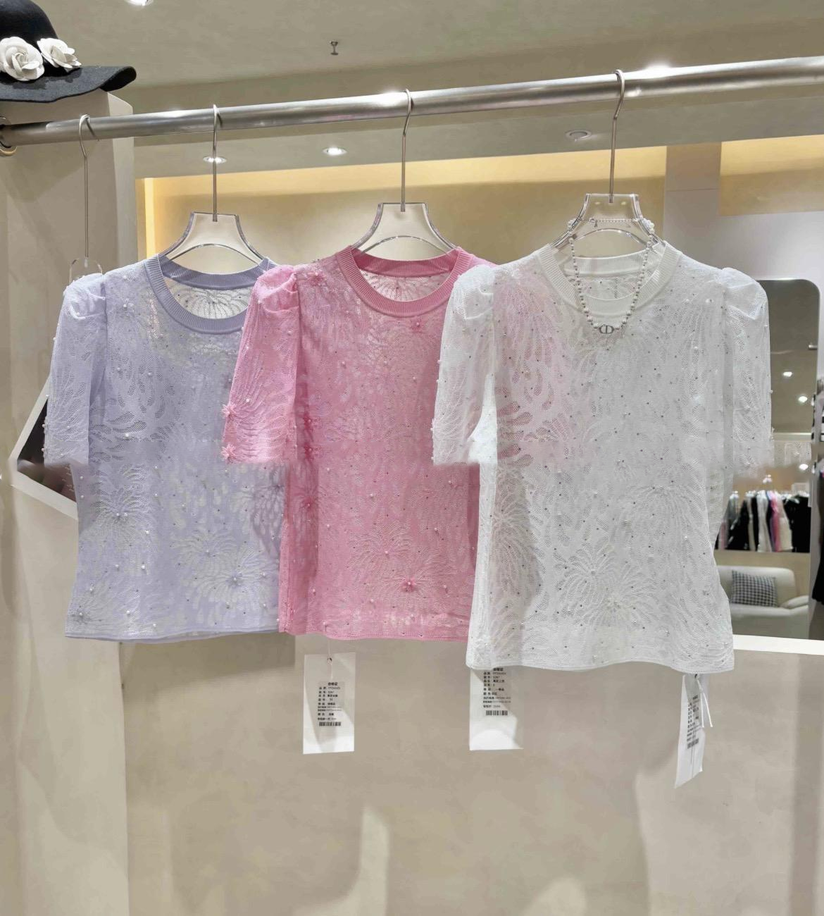 0403gz32-春季服飾-珍珠點綴提花圓領泡泡袖冰絲針織衫(A32)