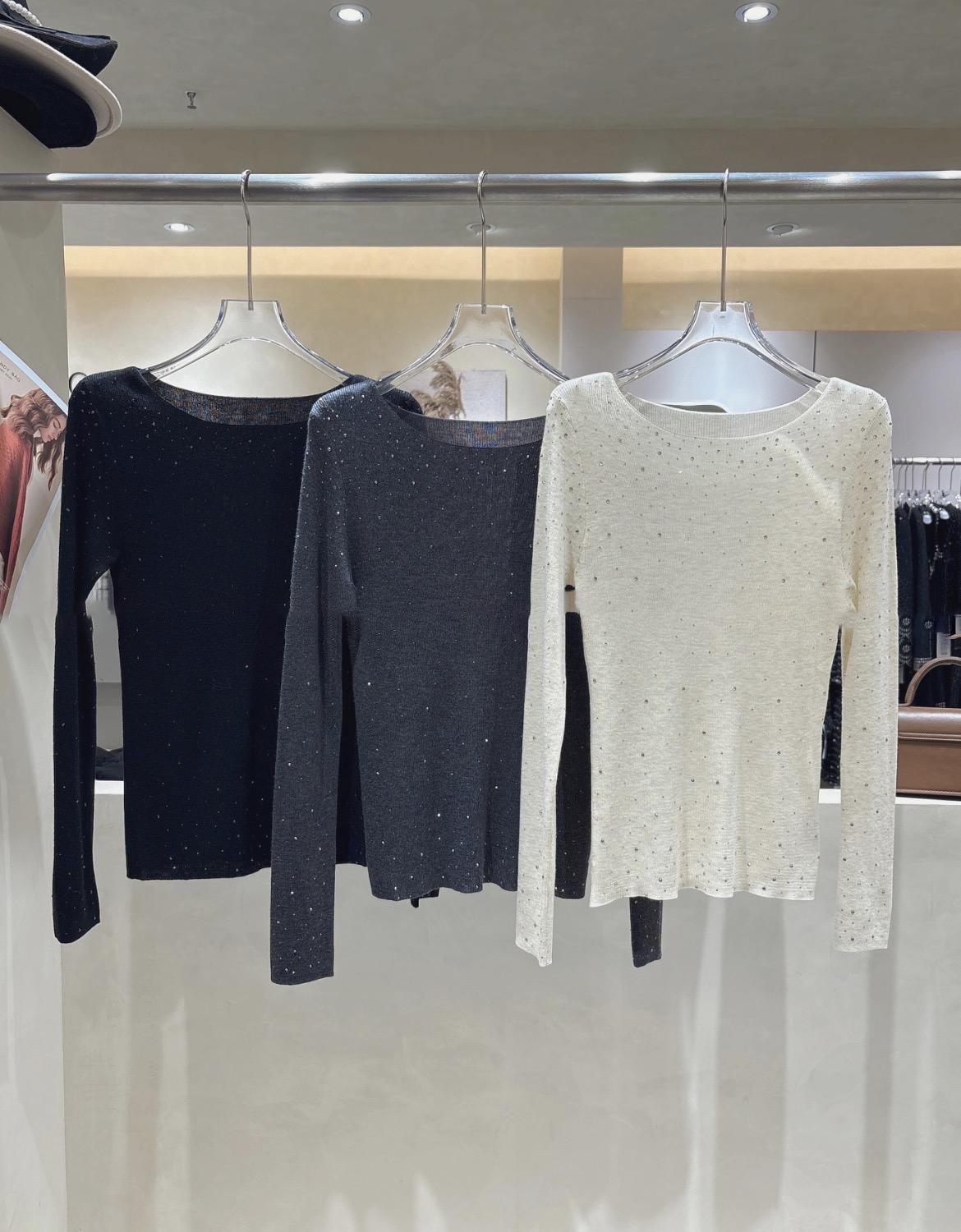 0403gz34-春季服飾-閃鑽一字領長袖針織衫-均碼(A34)