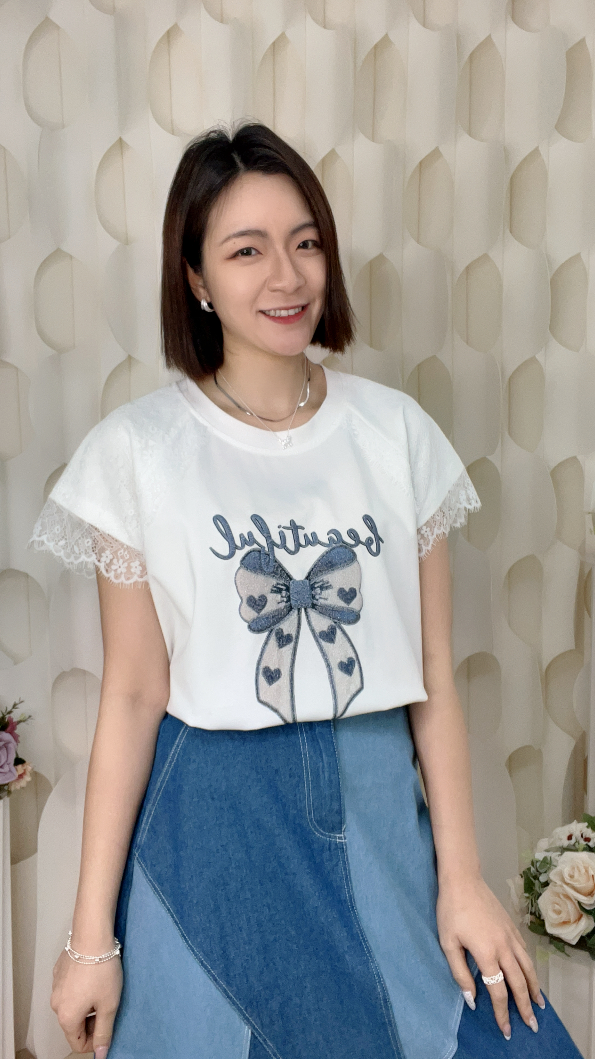 蝴蝶結圖案軟LACE滑棉上衣(胸44 腰44 長22吋) 27195 #0304clo