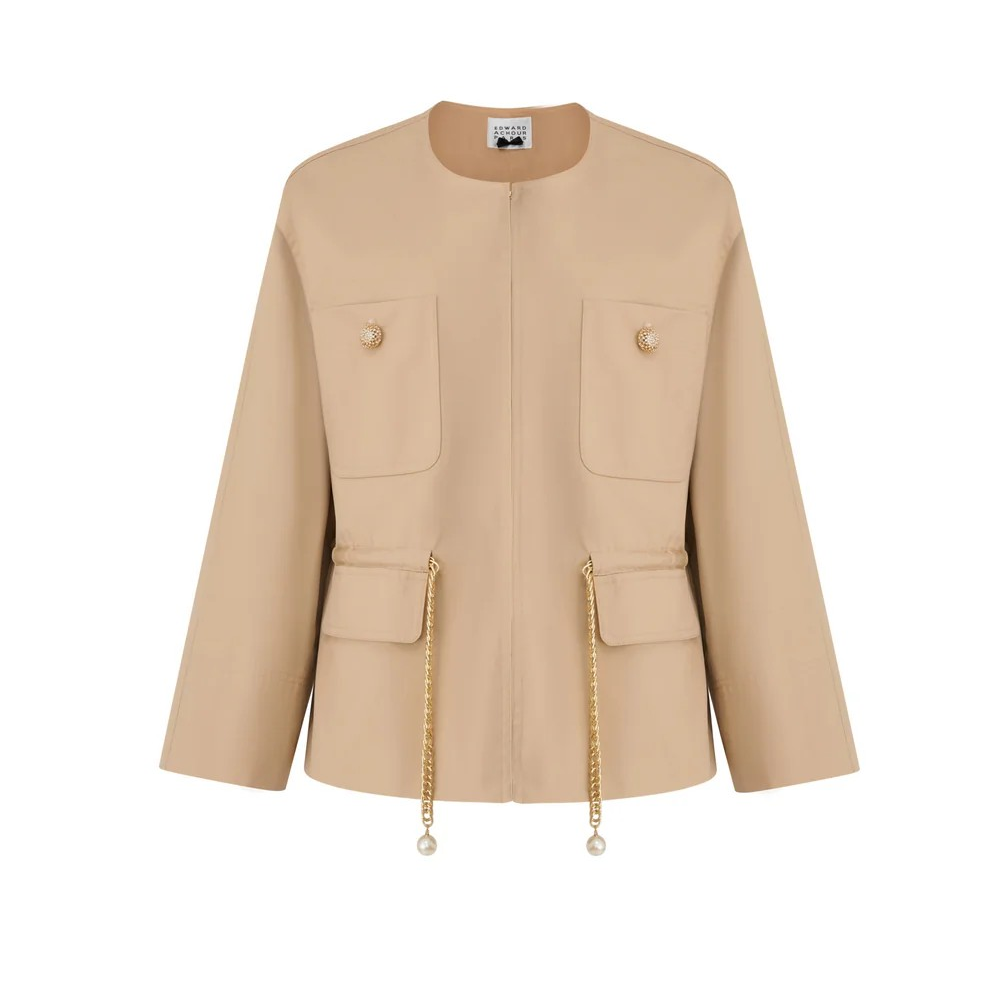 1EA0408-098 [EDWARD ACHOUR] Camel Jacket with Metal Chain & Pearl Ends  Beige #100121/1039 (EU)
