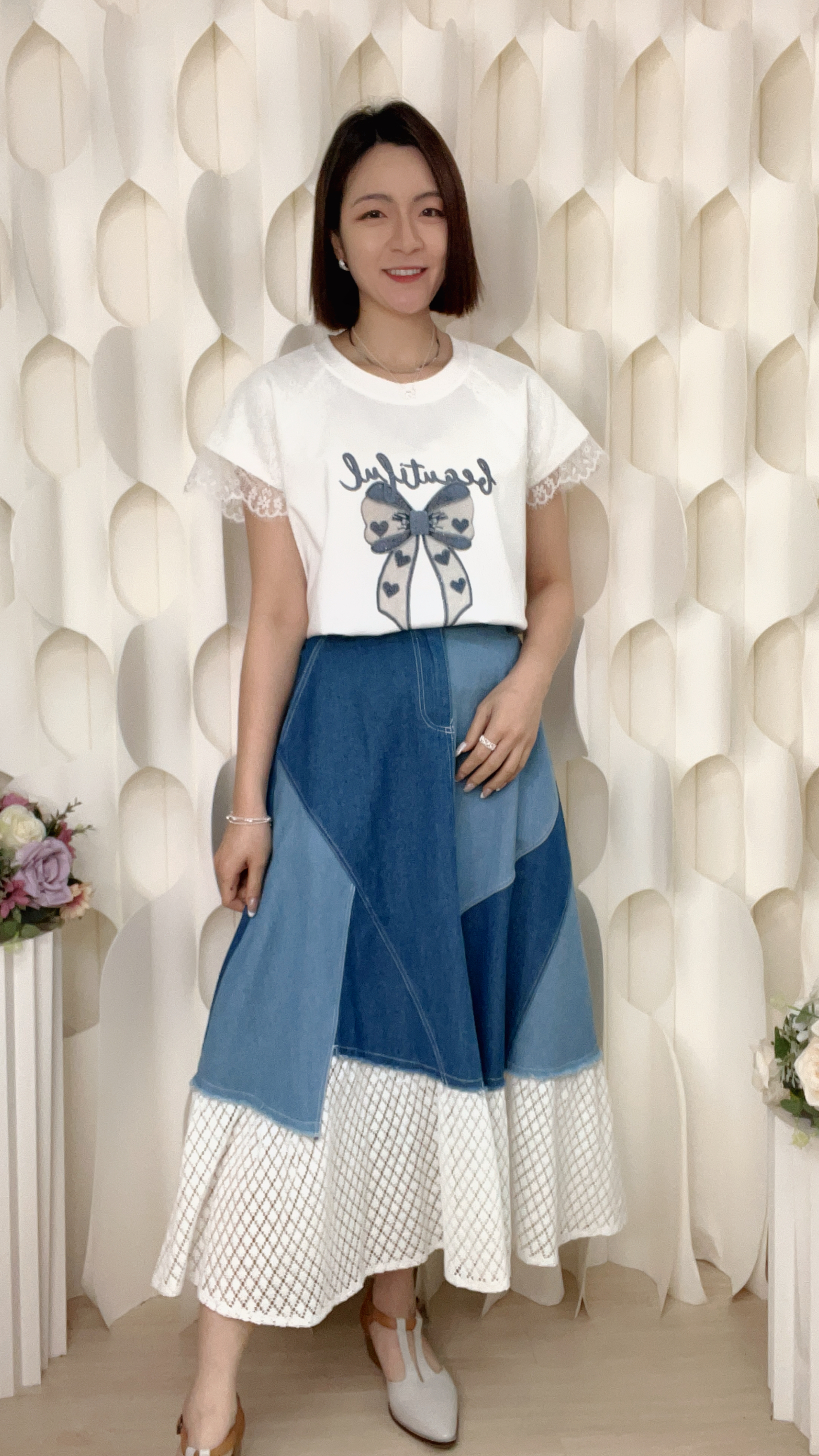 蝴蝶結圖案軟LACE滑棉上衣(胸44 腰44 長22吋) 27195 #0304clo