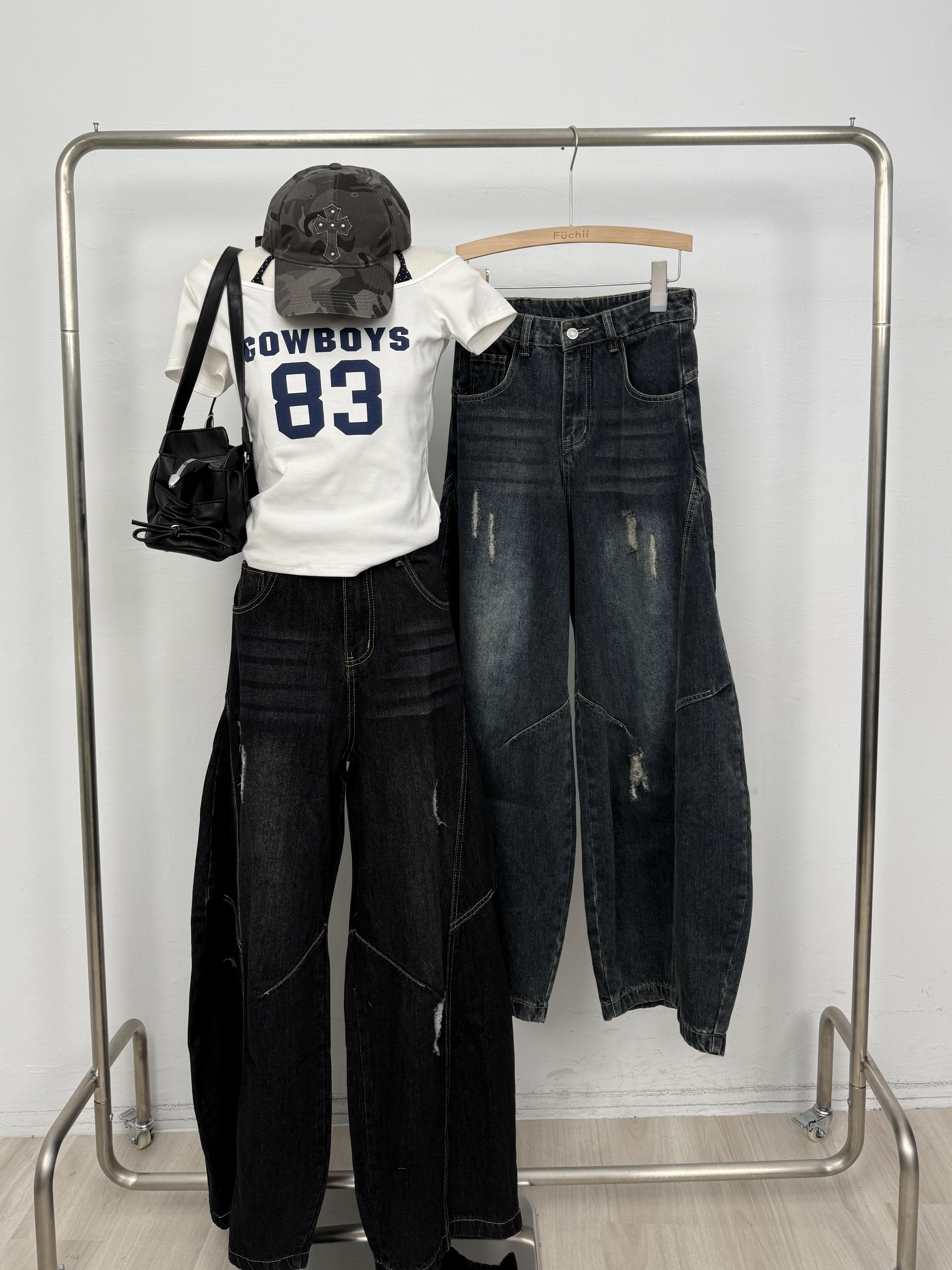 B41復古刷破牛仔彎刀褲