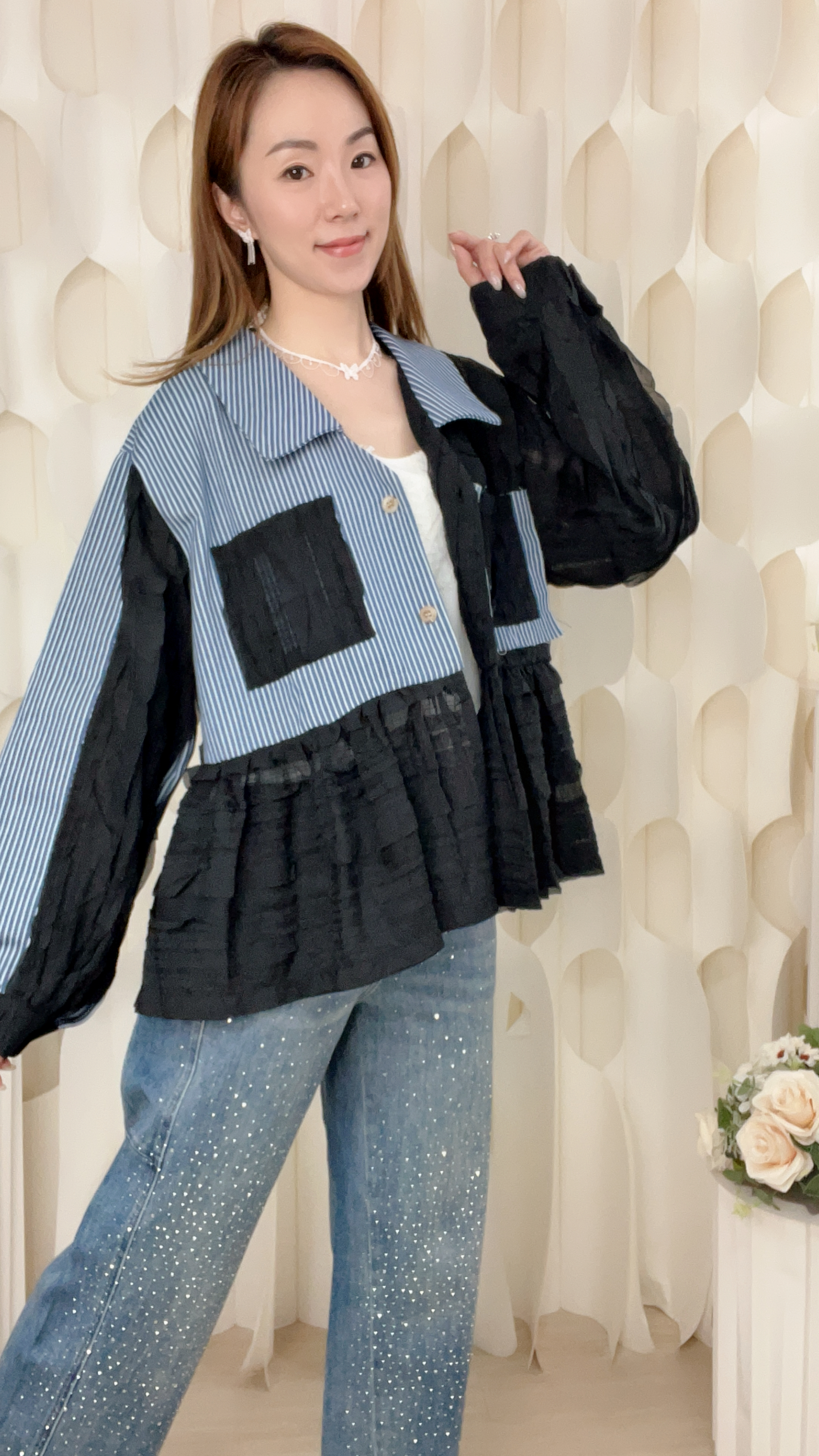 透膚RUFFLE雪紡拼牛仔領上衣 (胸44 腰44 長23吋) 3079 #0304clo