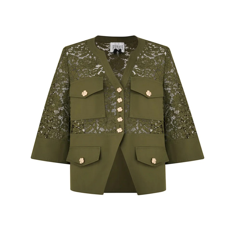 1EA0408-101 [EDWARD ACHOUR] Sheer Lace Mixed-Media Jacket Kaki #100131/1043 (EU)