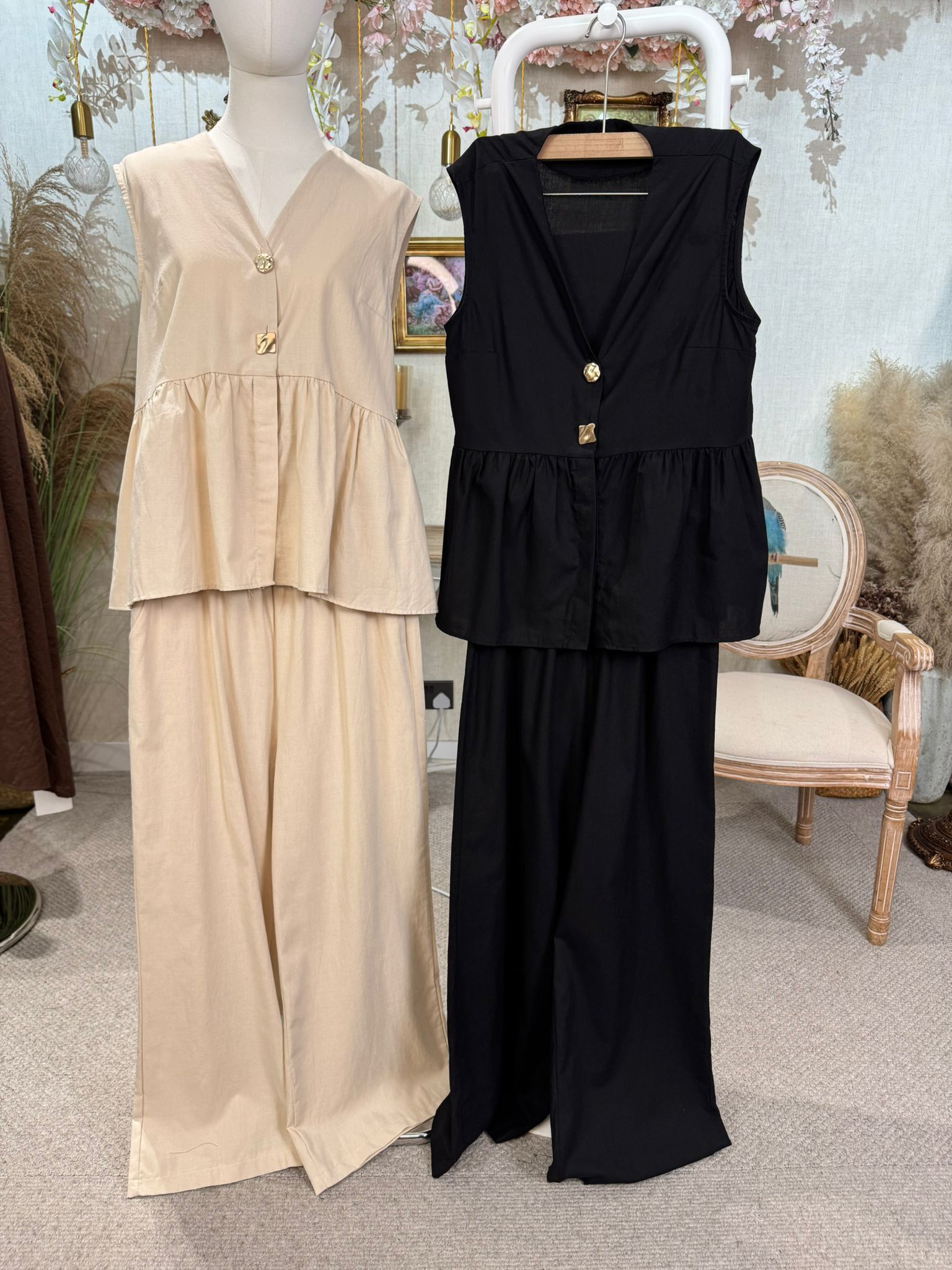 HKCG0403-005 SET無袖娃娃衫闊腿褲套裝 (A5杏/B5黑)