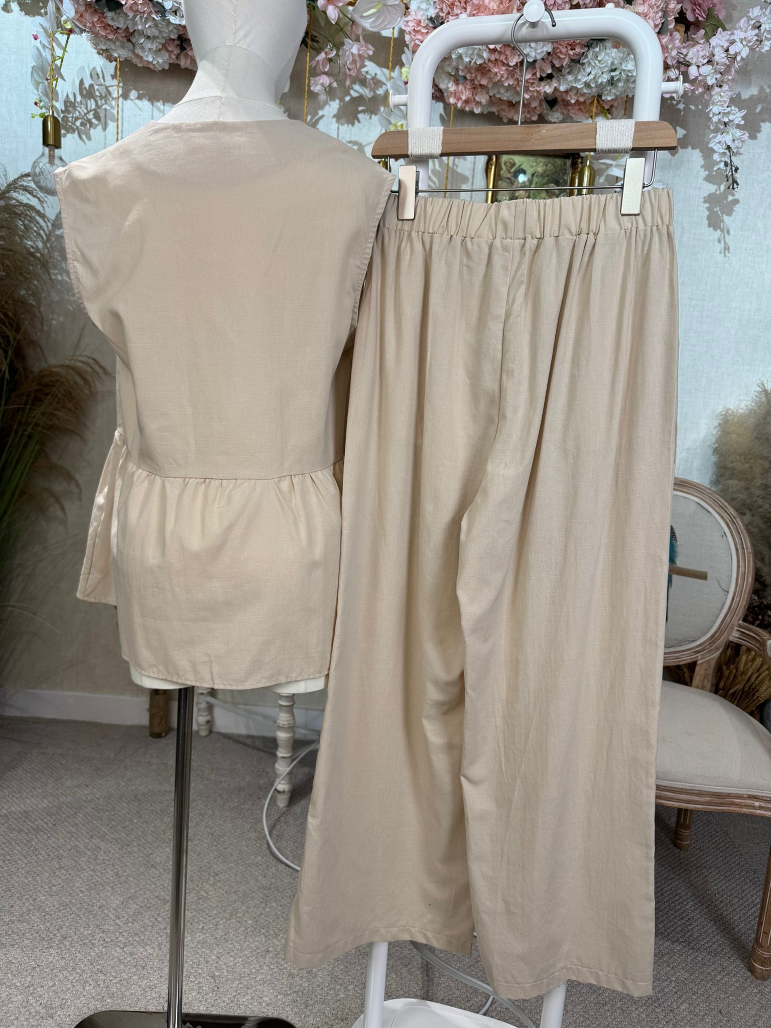 HKCG0403-005 SET無袖娃娃衫闊腿褲套裝 (A5杏/B5黑)