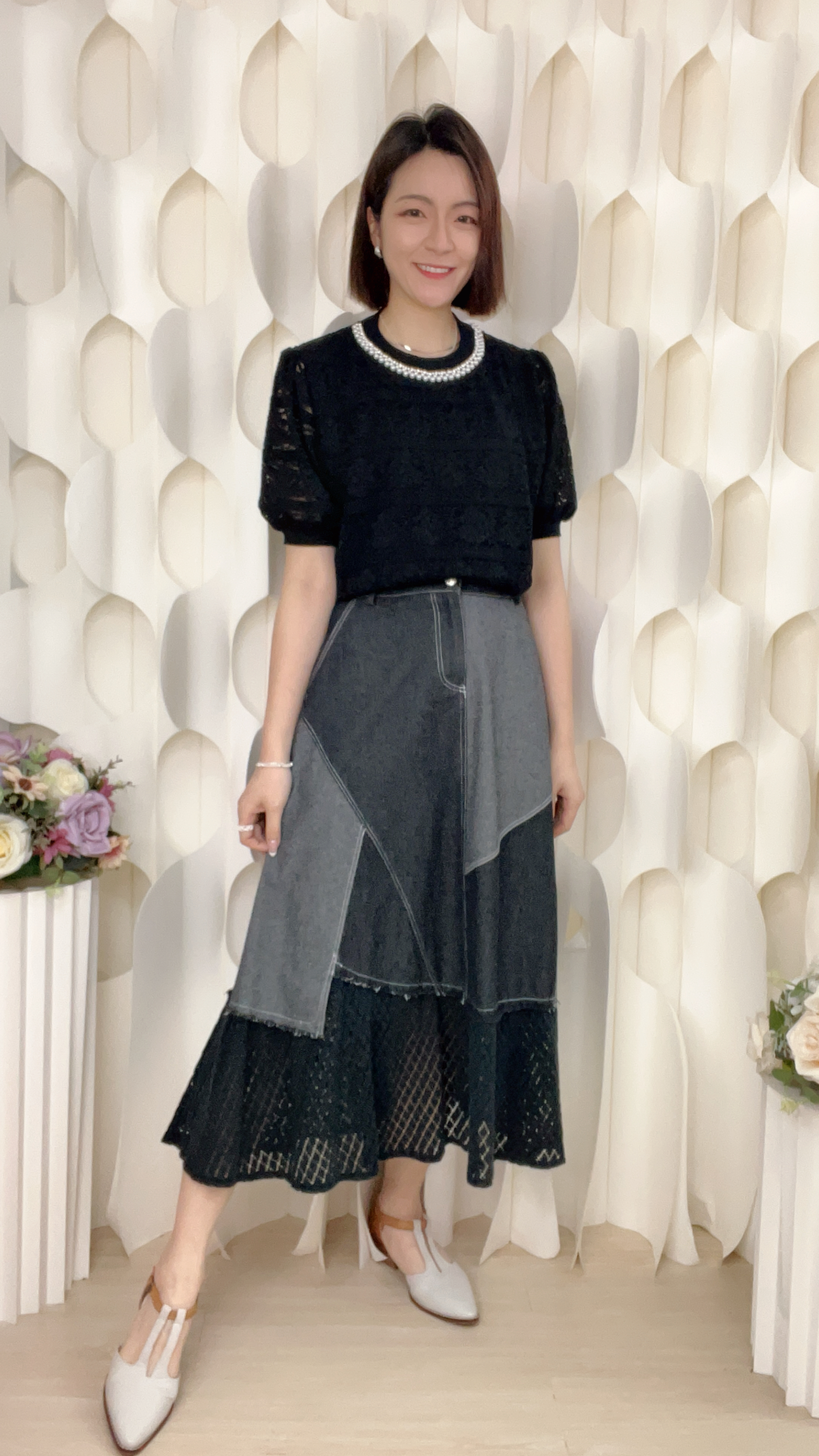 後橡筋腰牛仔拼針仔半截裙(腰28-34 臀46 長32吋)26730 #0304clo