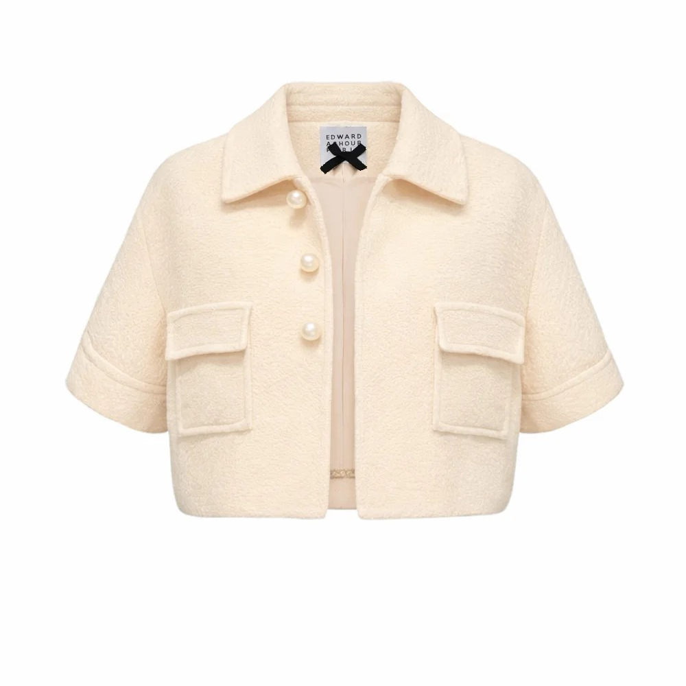 1EA0408-103 [EDWARD ACHOUR] Cropped Pearl-Button Curly Jacket White #100136/1016 (EU)
