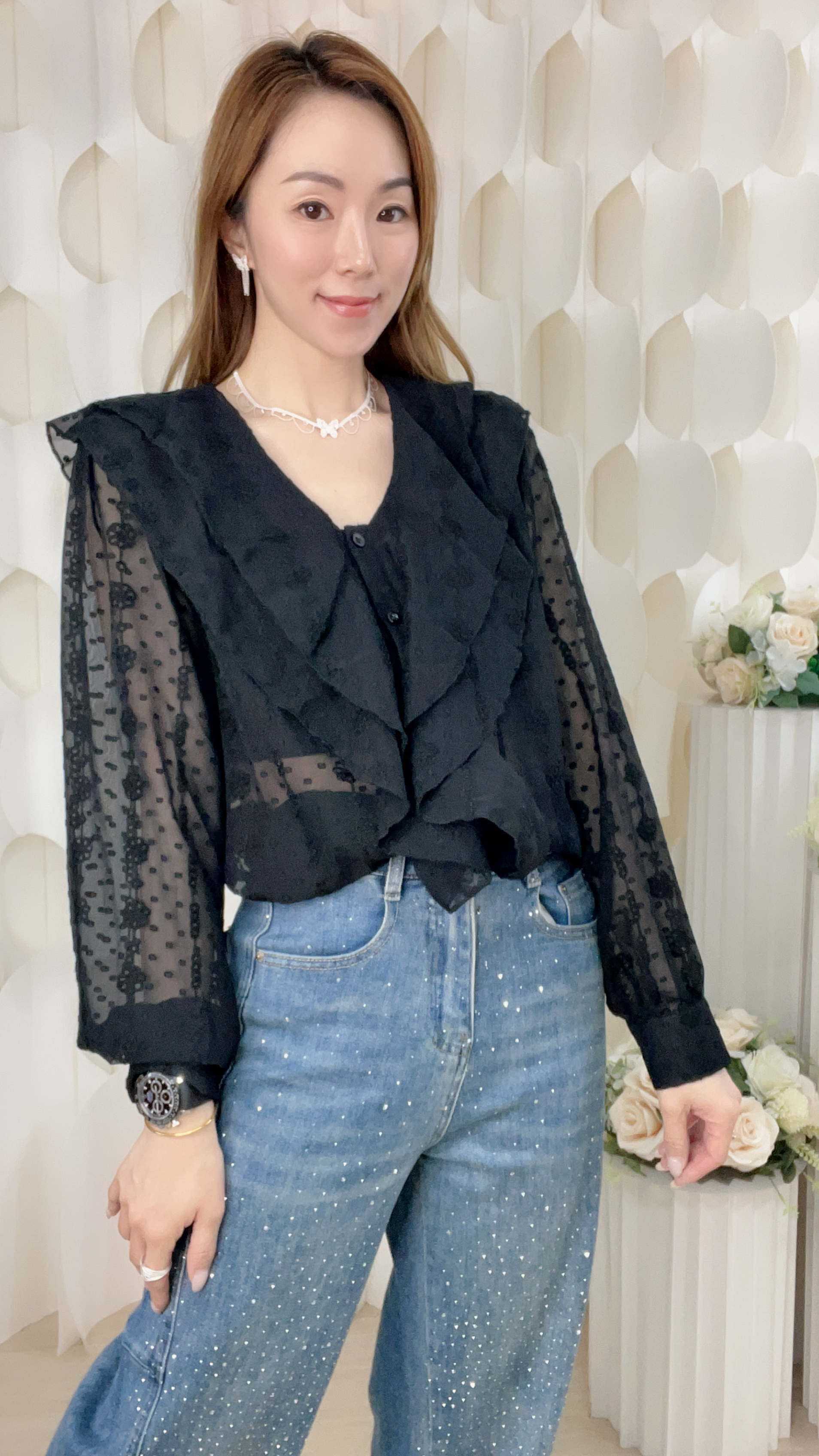 透膚RUFFLE雪紡上衣 (胸42 腰40 長23吋) 55964 #0304clo