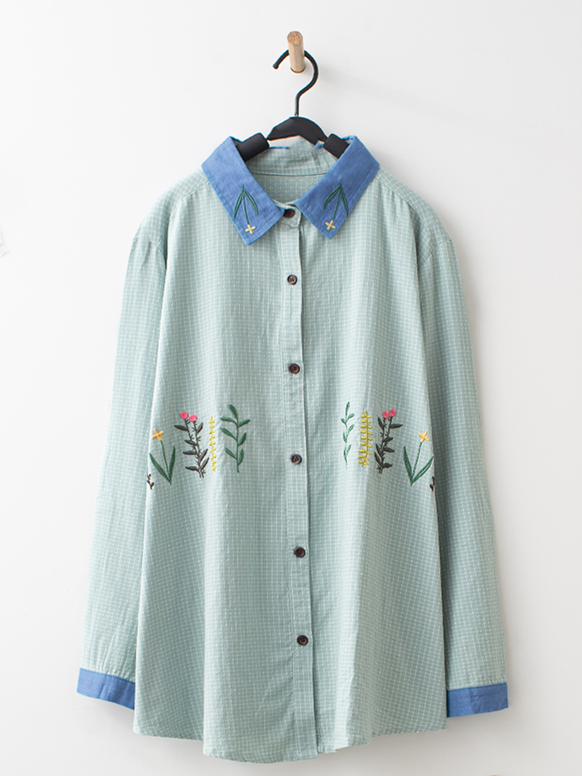 小花刺繡格紋襯衫層次蛋糕薄棉牛仔長裙組合