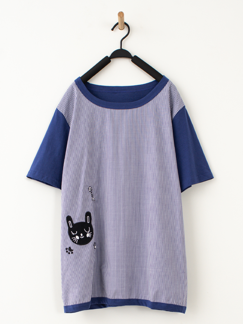 小黑貓精梳棉格紋拼接上衣