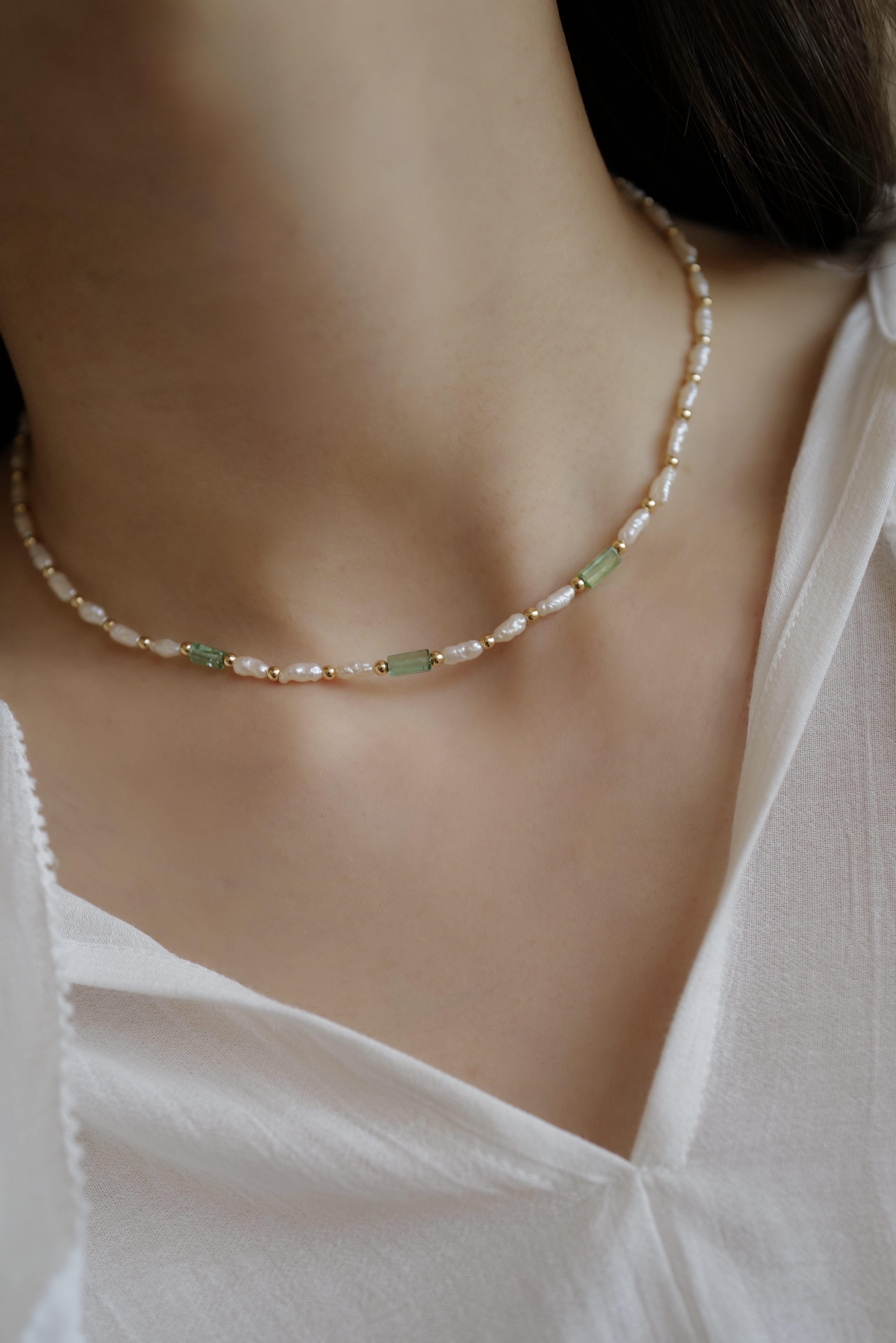 Moss Green-Gilded｜印度綠碧璽珍珠項鏈