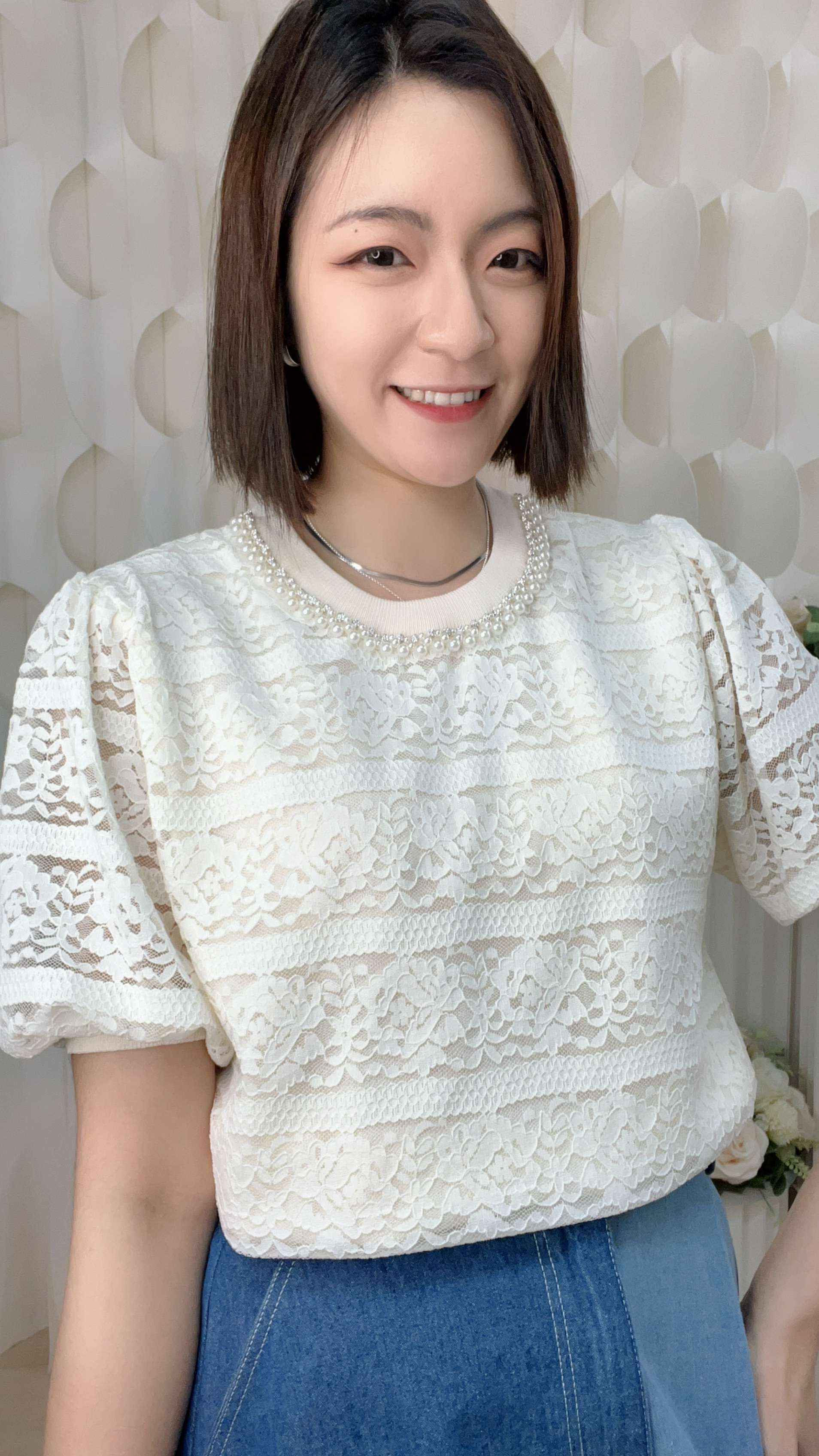 珍珠閃石領LACE拼棉質上衣(胸40-46 腰38-50 長21吋) 55366 #0304clo