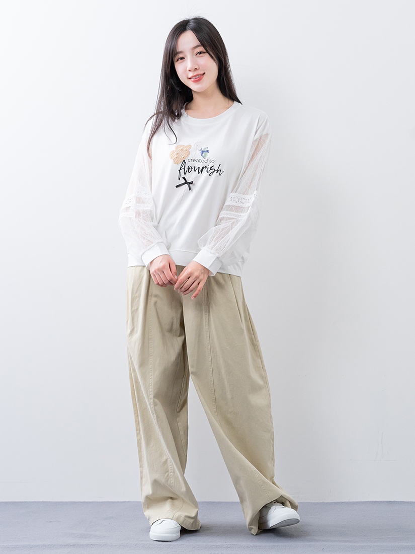 雙層蕾絲拼接上衣跳色配釦剪接寬褲組合