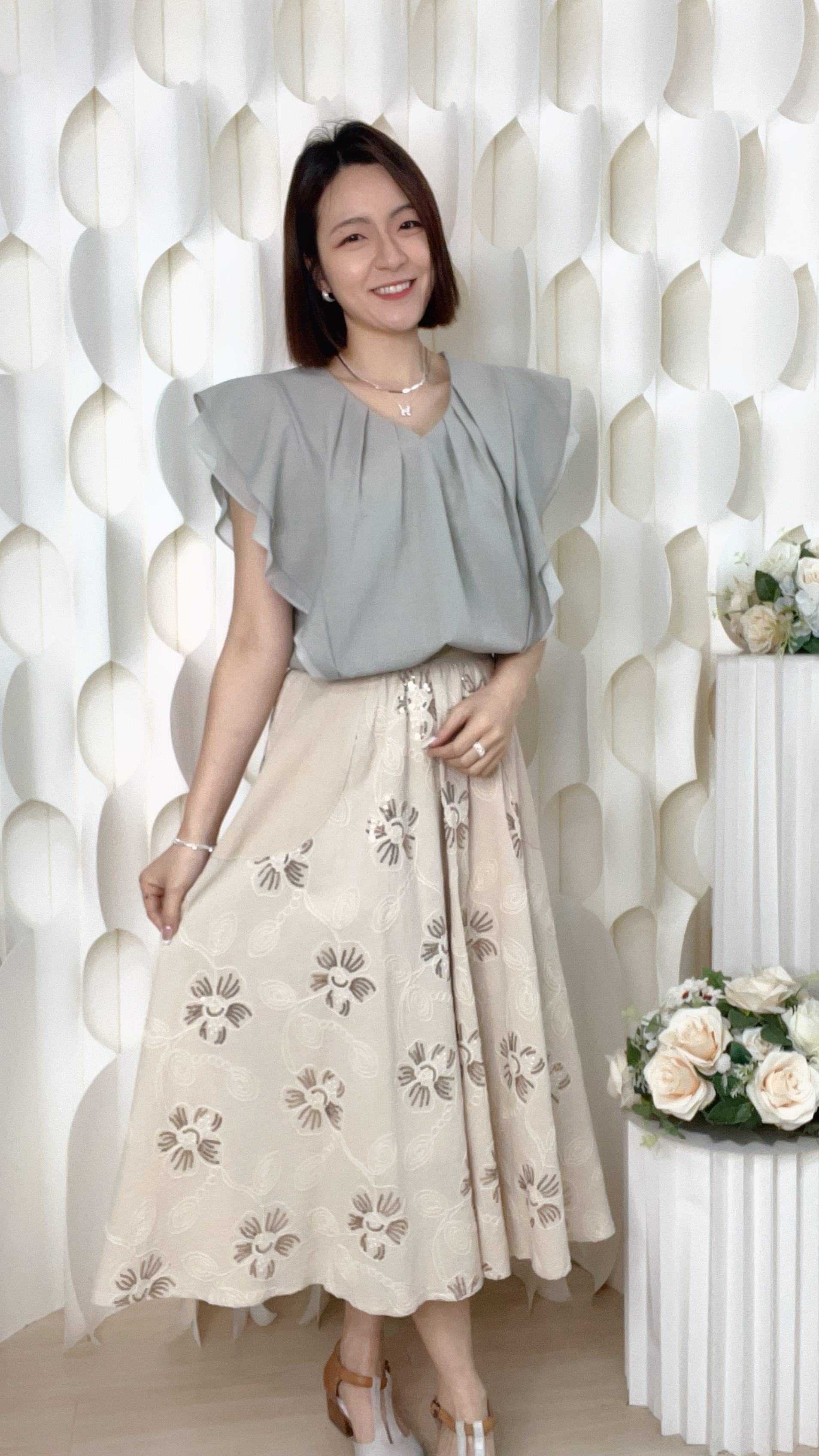 閃片刺繡棉麻半截裙(腰28-36 臀56 長31吋)55649 #0304clo