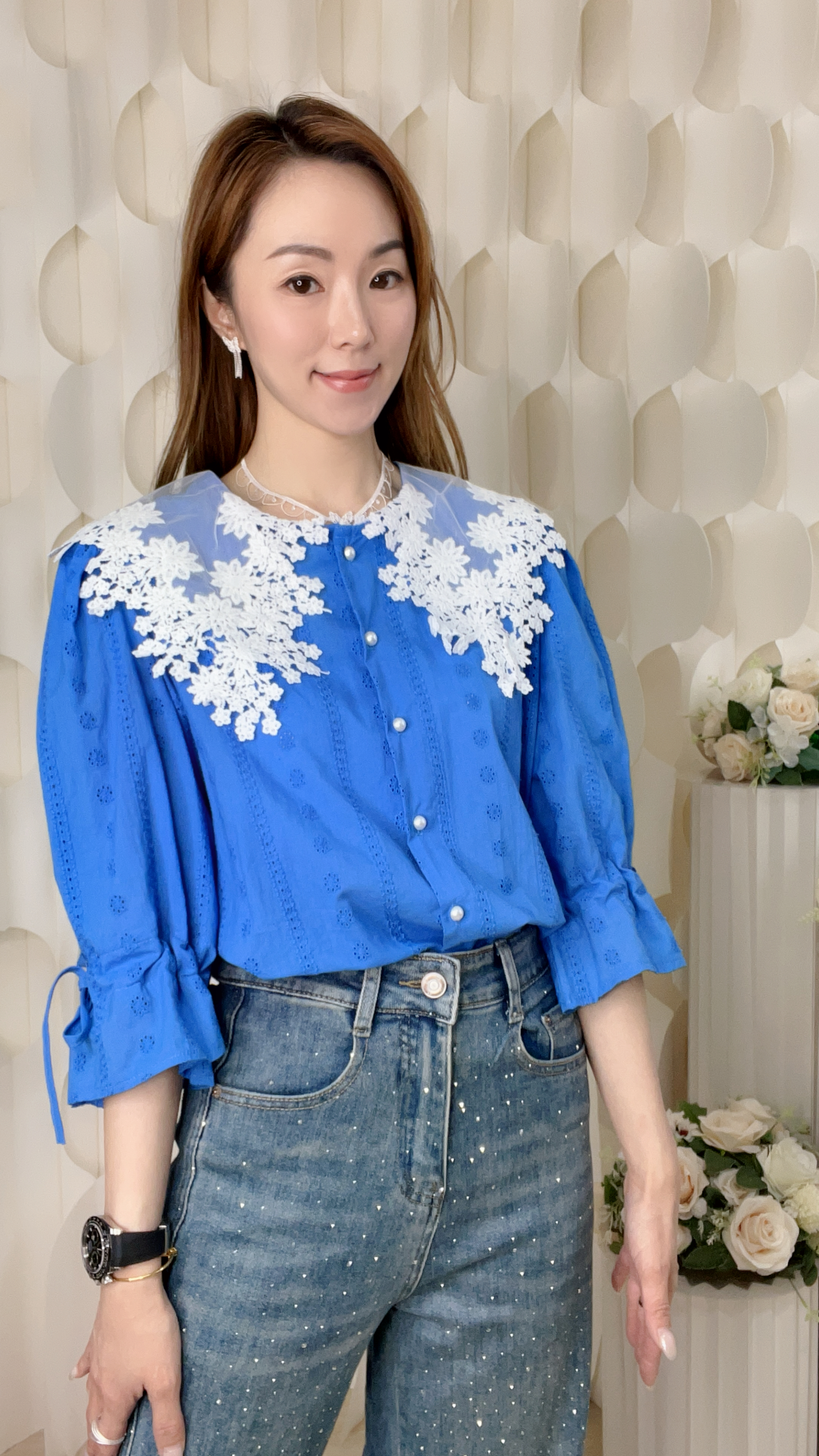 RUFFLE袖邊LACE通花拼棉質上衣(胸42 腰42 長21吋) 55886 #0304clo