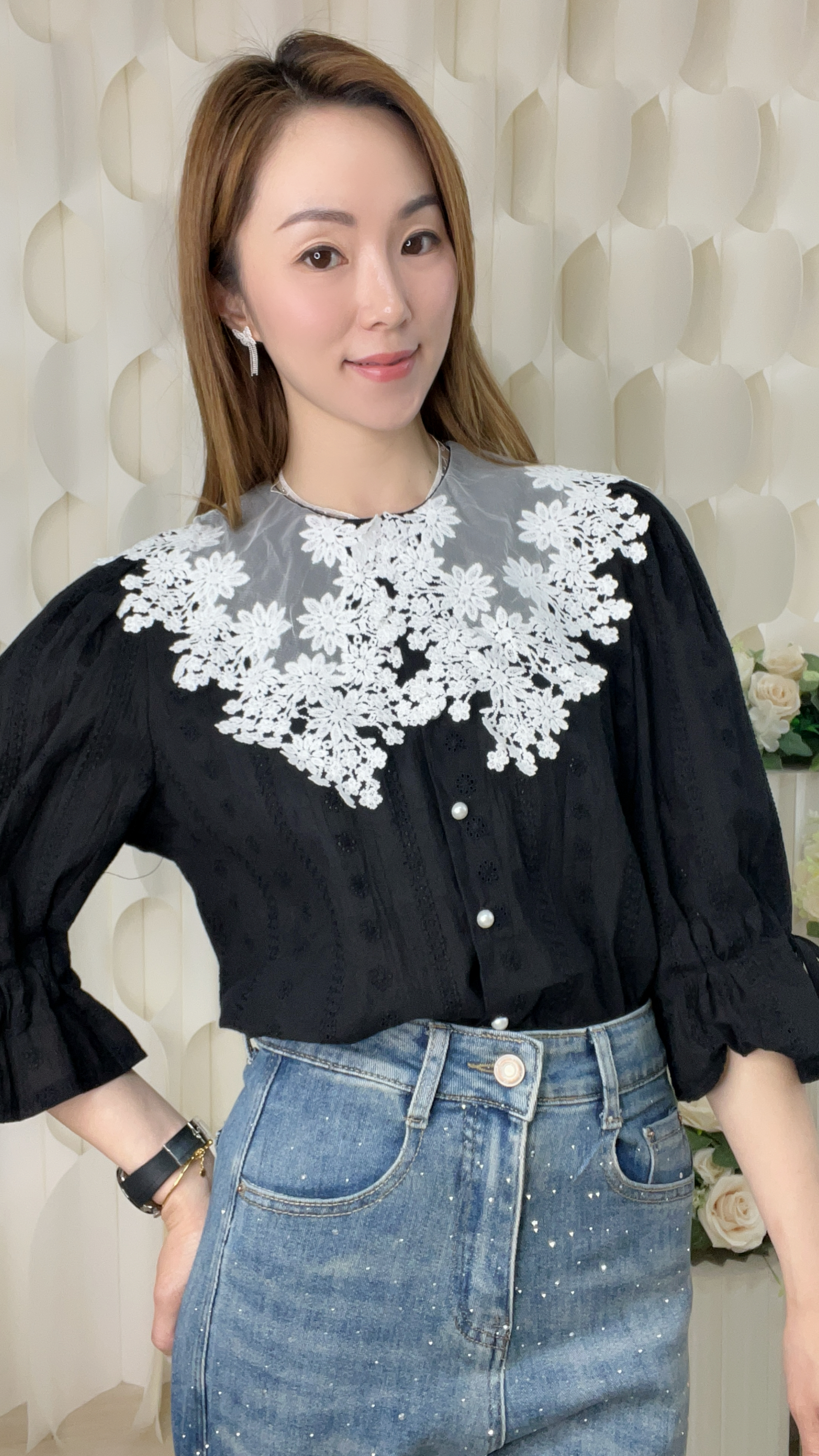 RUFFLE袖邊LACE通花拼棉質上衣(胸42 腰42 長21吋) 55886 #0304clo