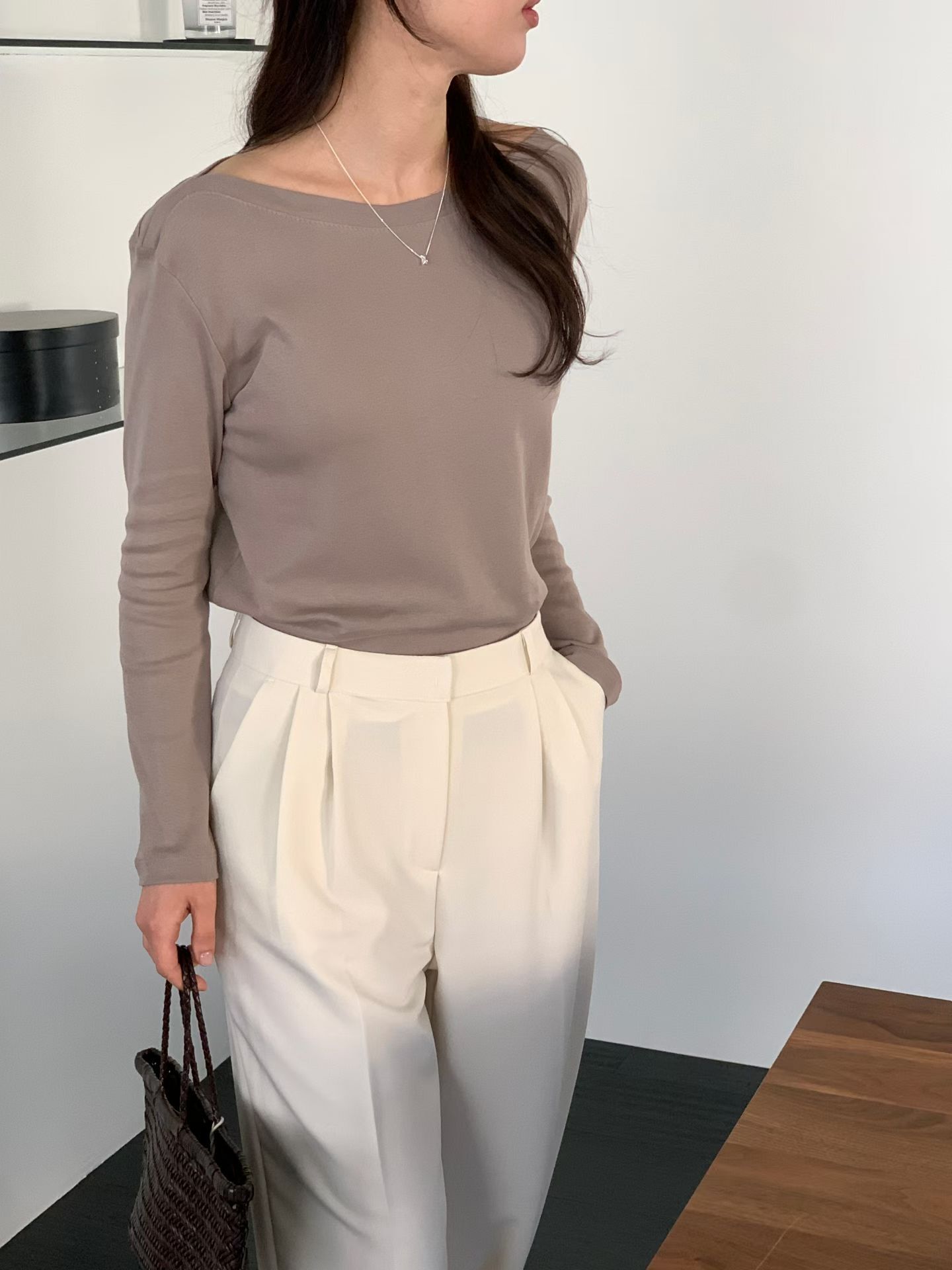 Boat neck cotton long sleeve tee