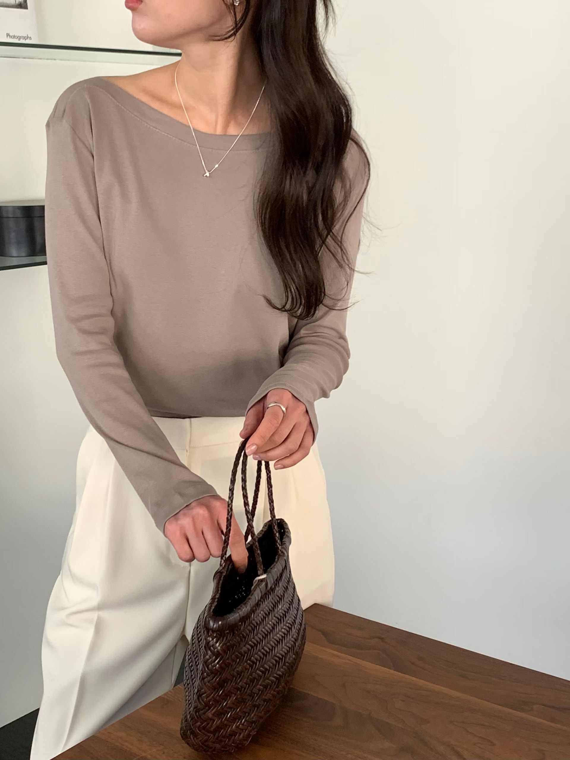 Boat neck cotton long sleeve tee