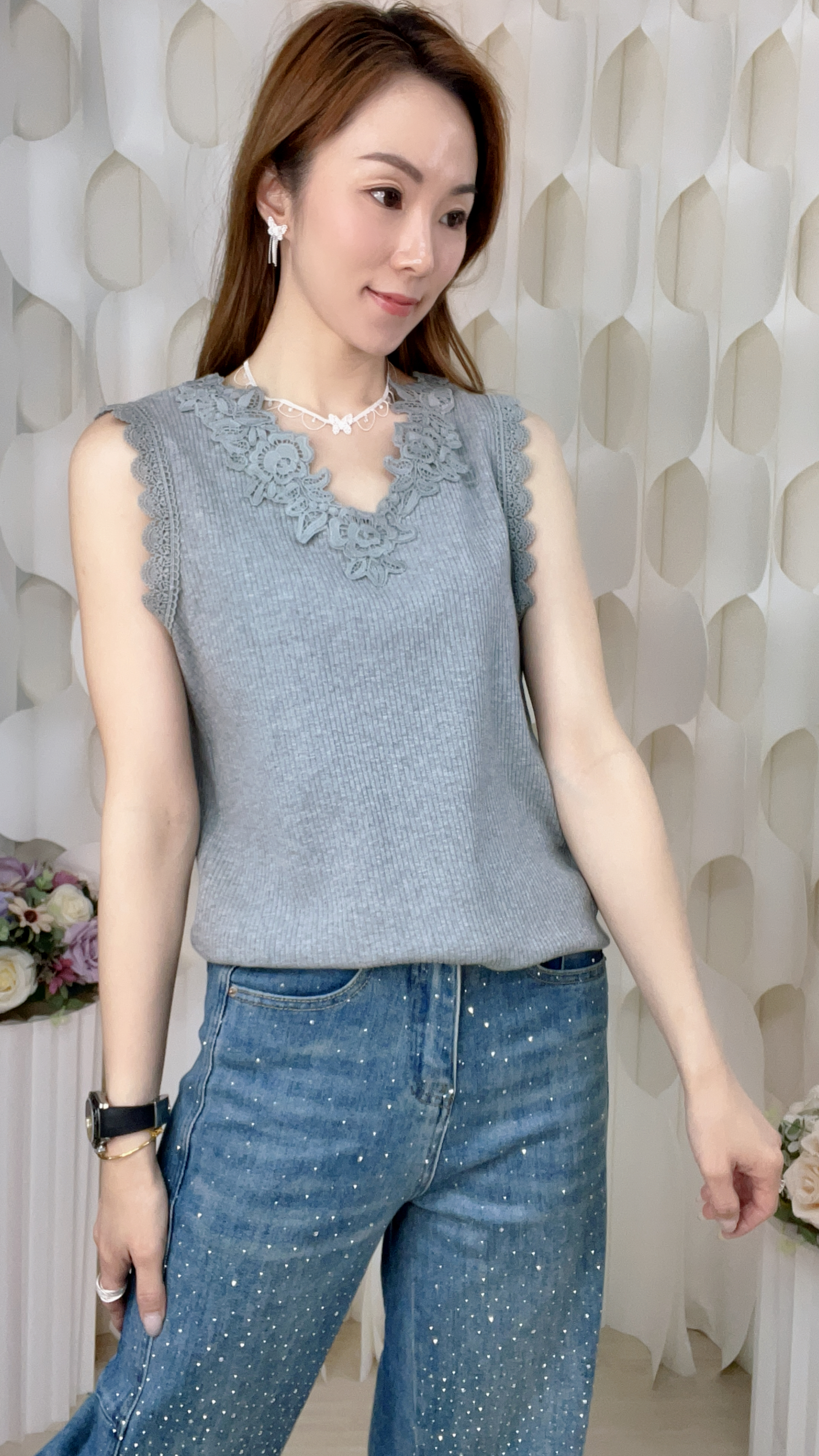 通花LACE邊小V領棉質背心(胸36-46 腰34-44 長21吋) 811019 #0304clo