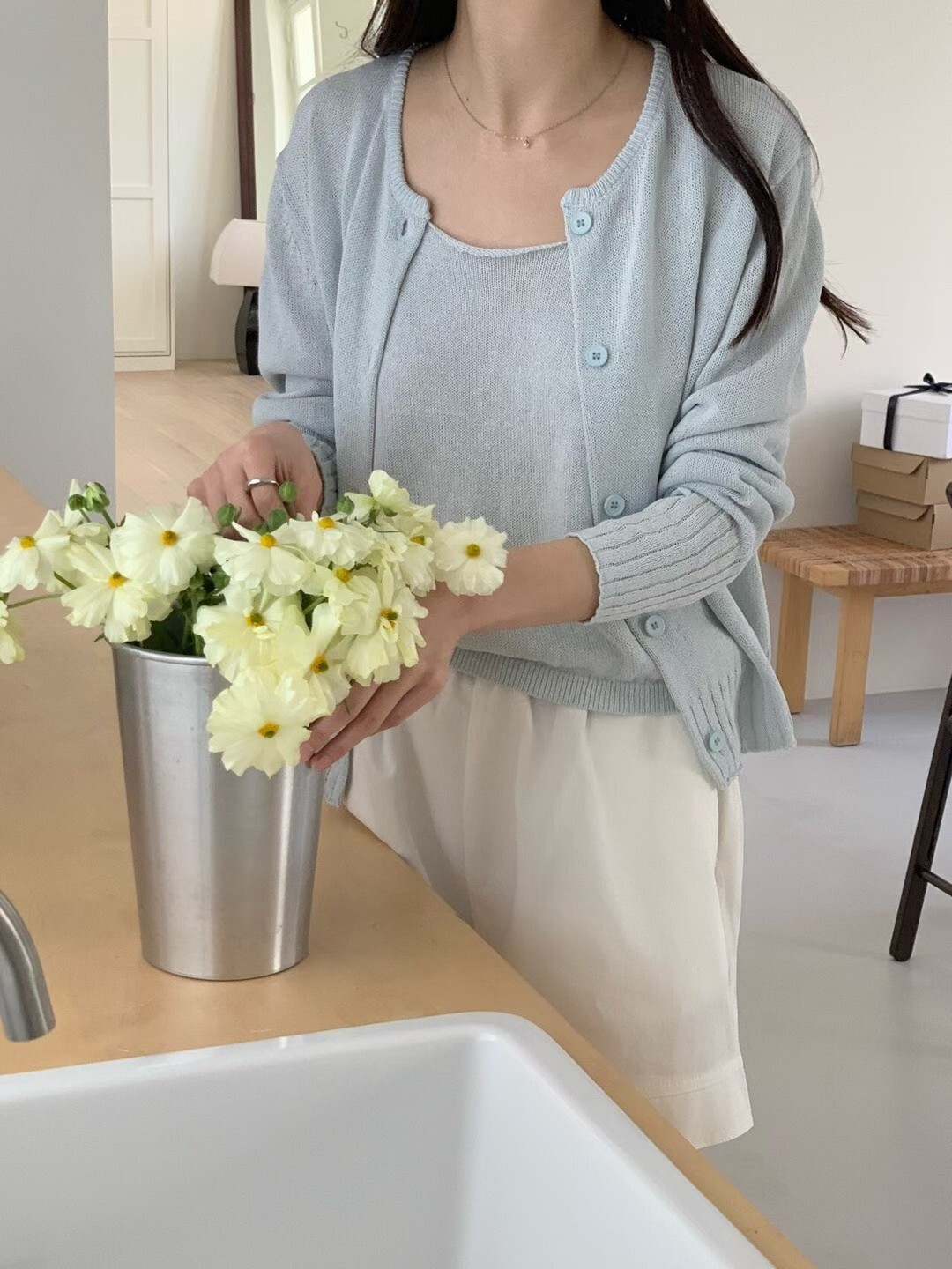 小卷邊背心&開胸針織套裝