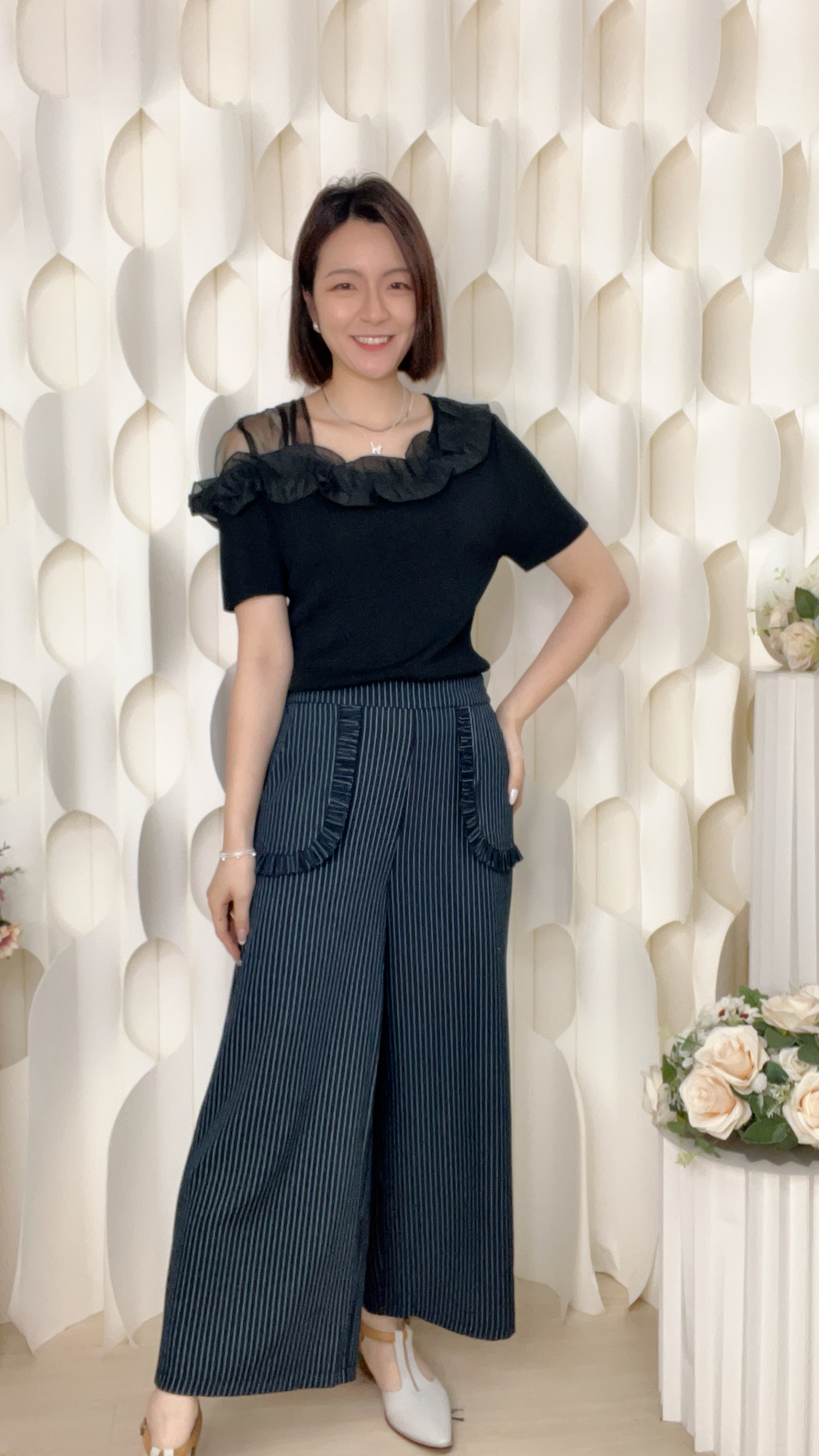 後橡筋腰RUFFLE直條西裝褲(腰26-38 臀40 長35吋)27212 #0304clo