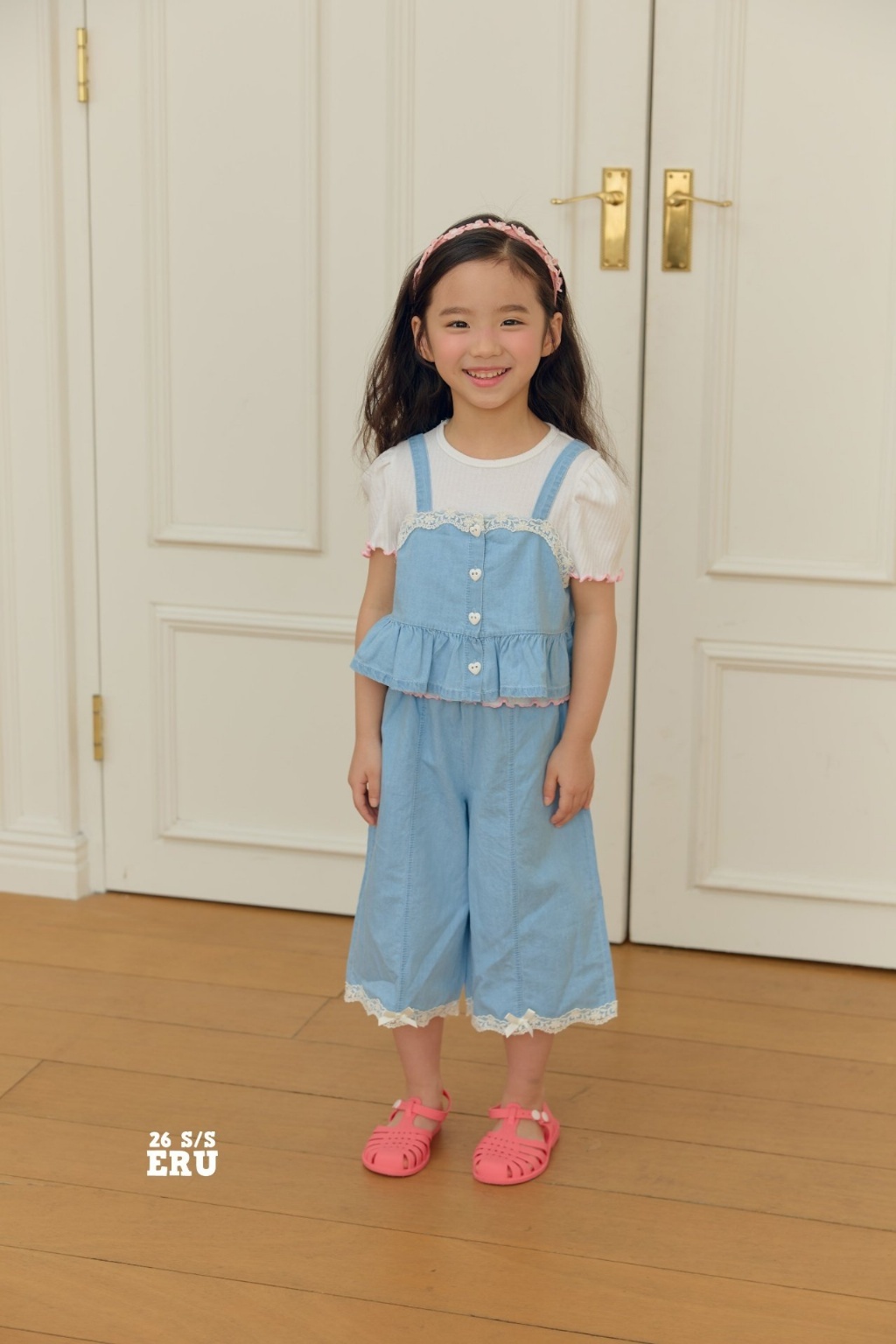 正韓夏Eru 愛心釦牛仔蕾絲五分褲套裝