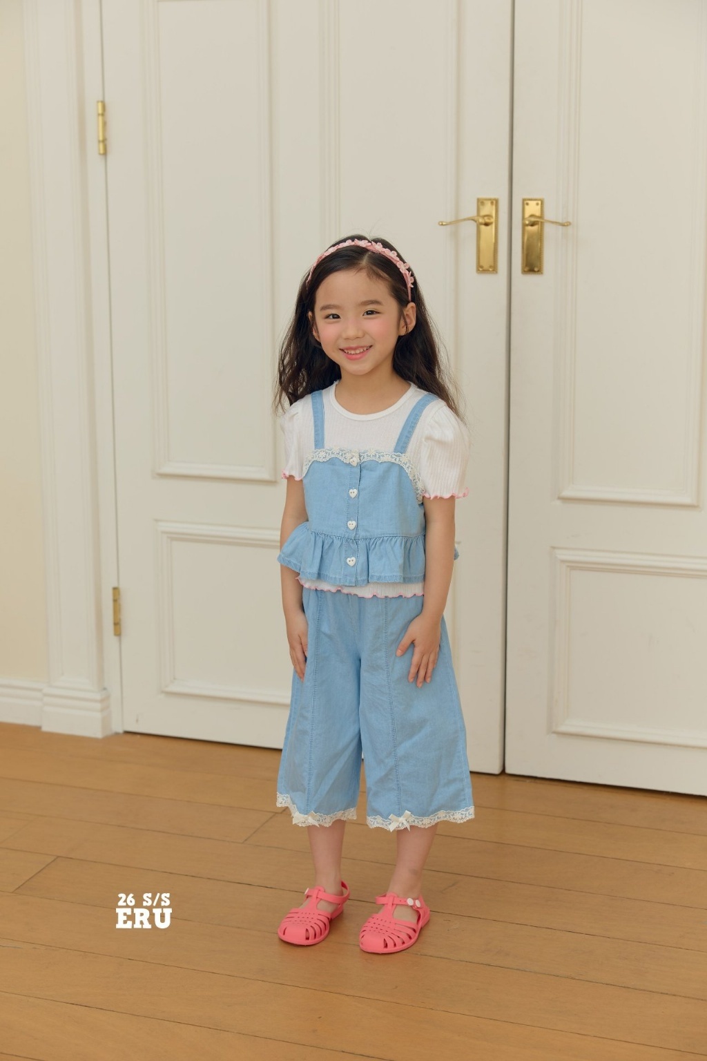 正韓夏Eru 愛心釦牛仔蕾絲五分褲套裝