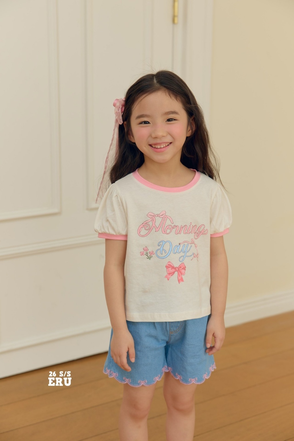 正韓夏Eru 粉紅刺繡蝴蝶結牛仔短褲