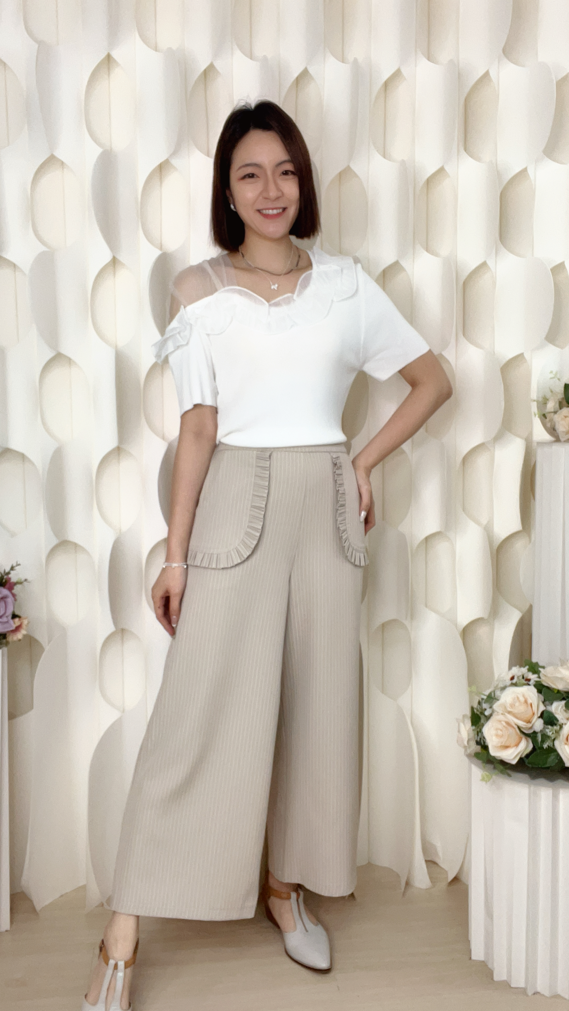 後橡筋腰RUFFLE直條西裝褲(腰26-38 臀40 長35吋)27212 #0304clo