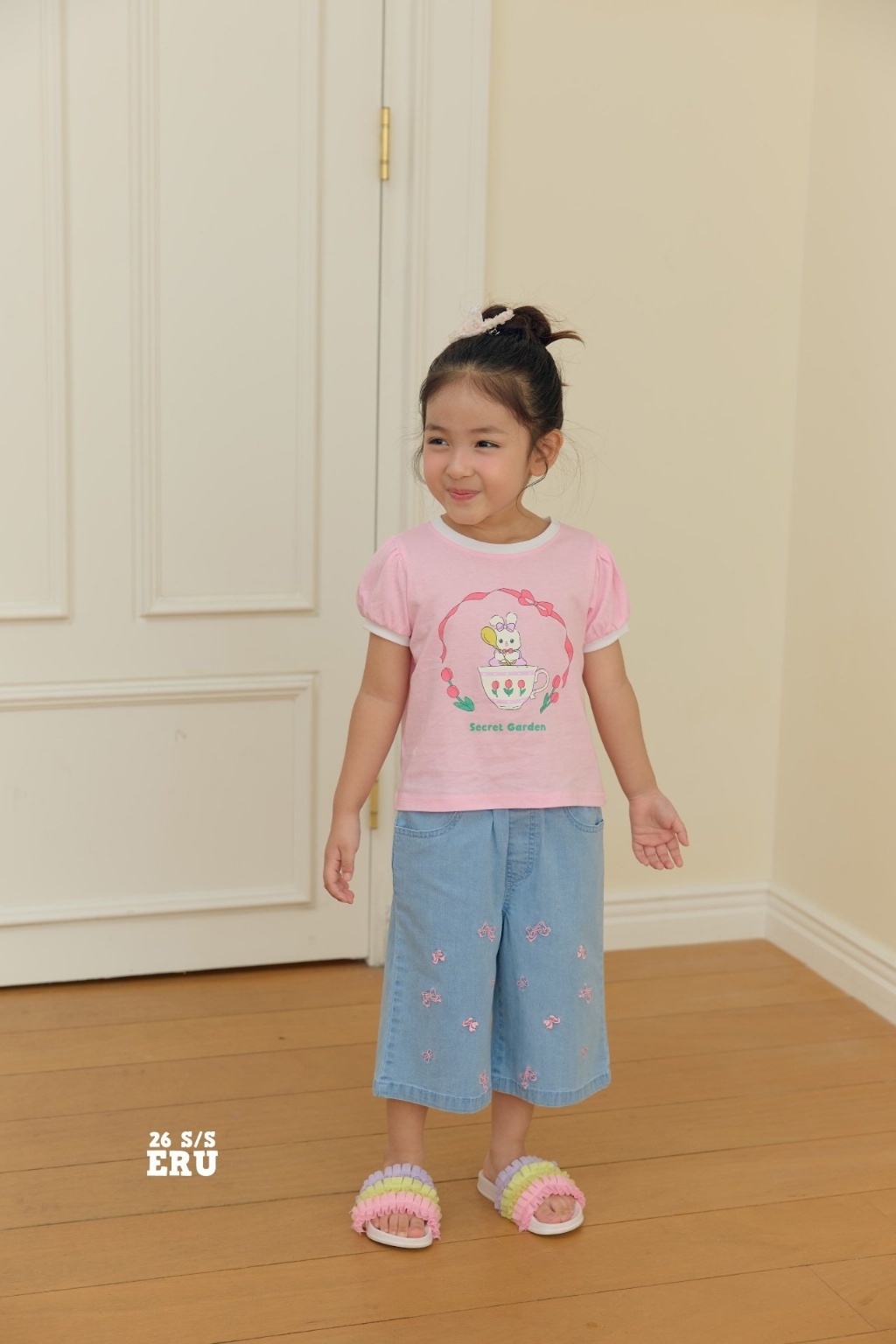 正韓夏Eru 刺繡粉色蝴蝶結牛仔七分褲