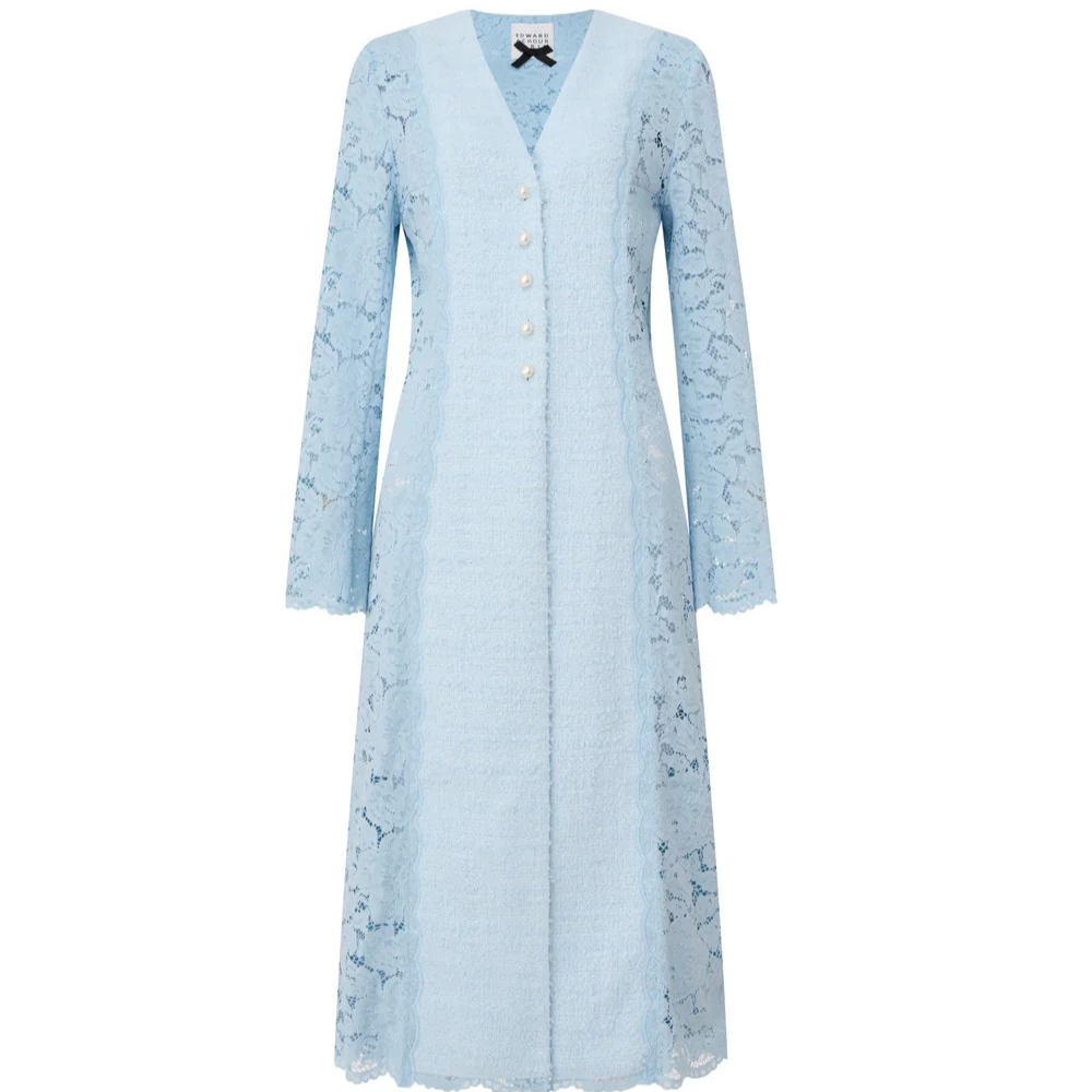 1EA0408-113 [EDWARD ACHOUR] Slim Longline Lace-Paneled Boucle Coat Sky #100206/1005 (EU)