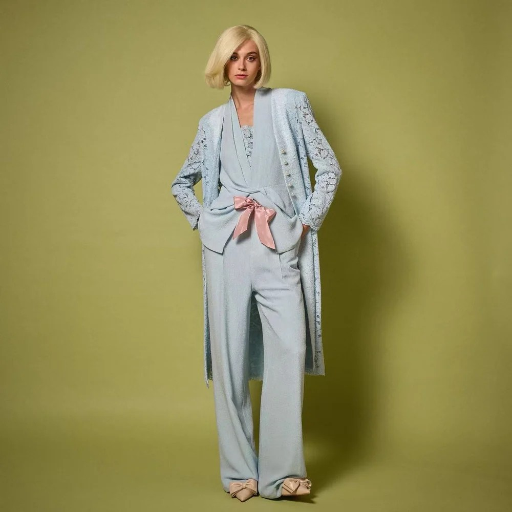 1EA0408-113 [EDWARD ACHOUR] Slim Longline Lace-Paneled Boucle Coat Sky #100206/1005 (EU)