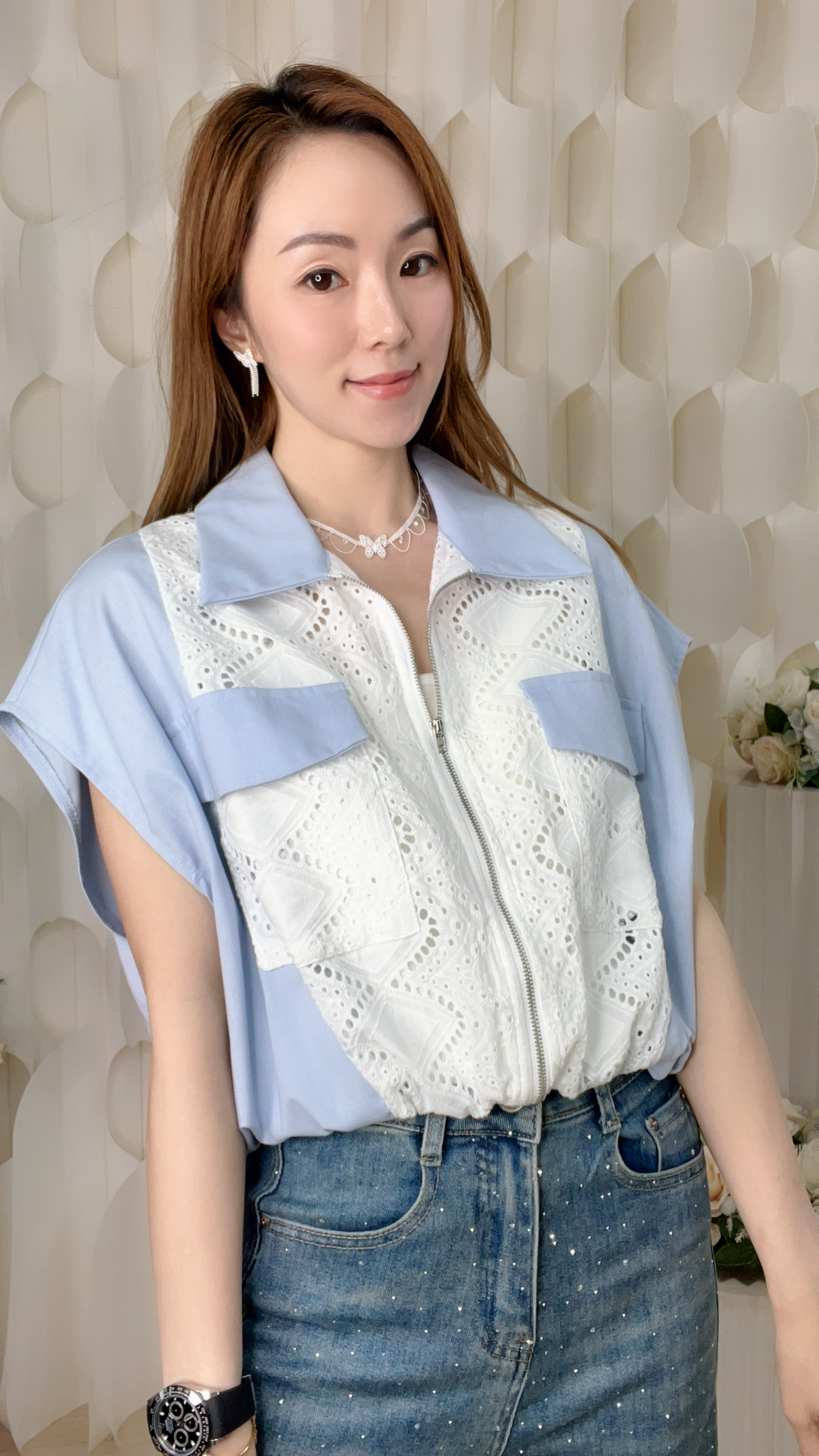 橡筋束腰棉麻拼LACE通花背心外套 (胸42 腰40 長20吋) 55883 #0304clo