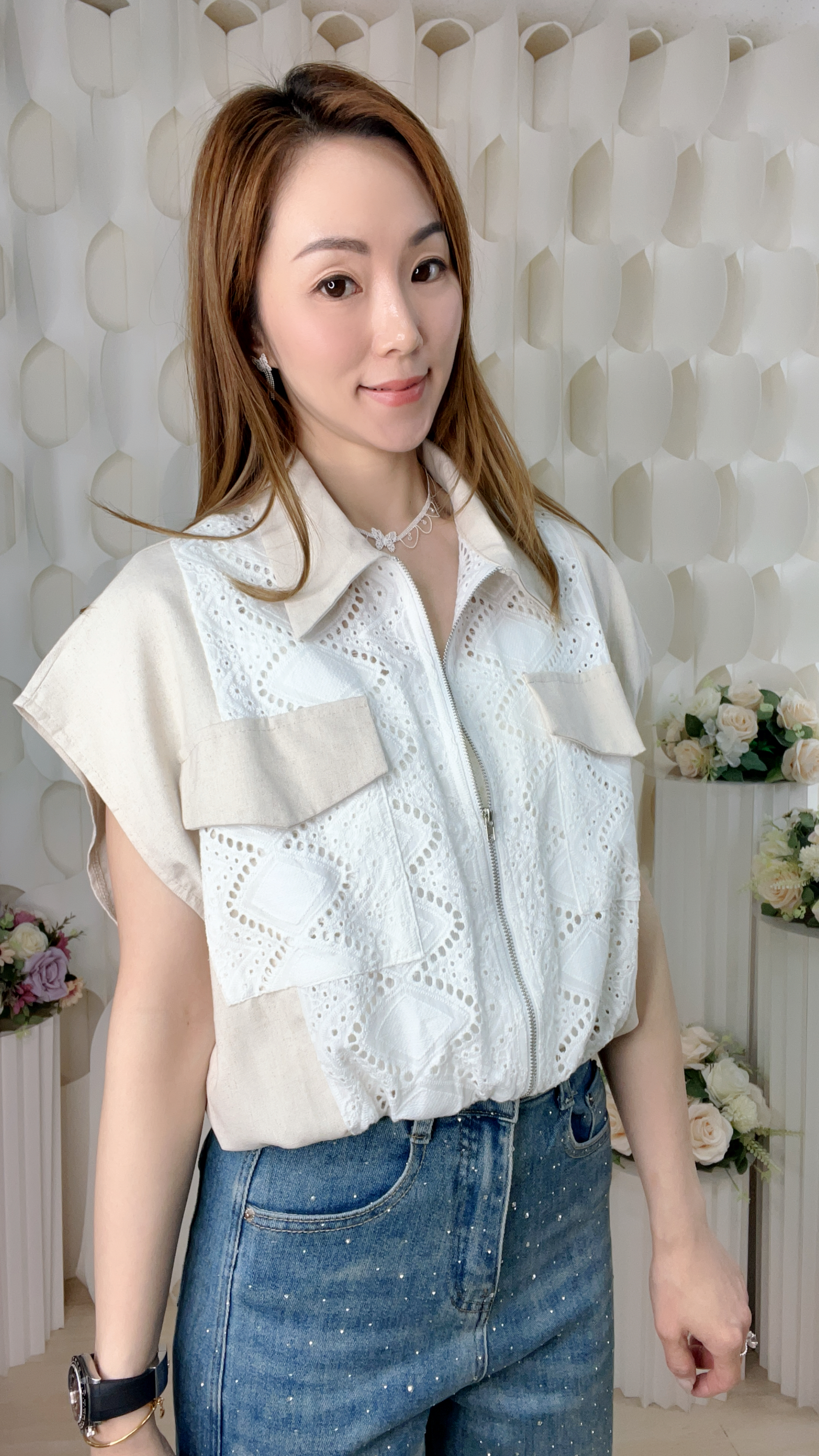 橡筋束腰棉麻拼LACE通花背心外套 (胸42 腰40 長20吋) 55883 #0304clo