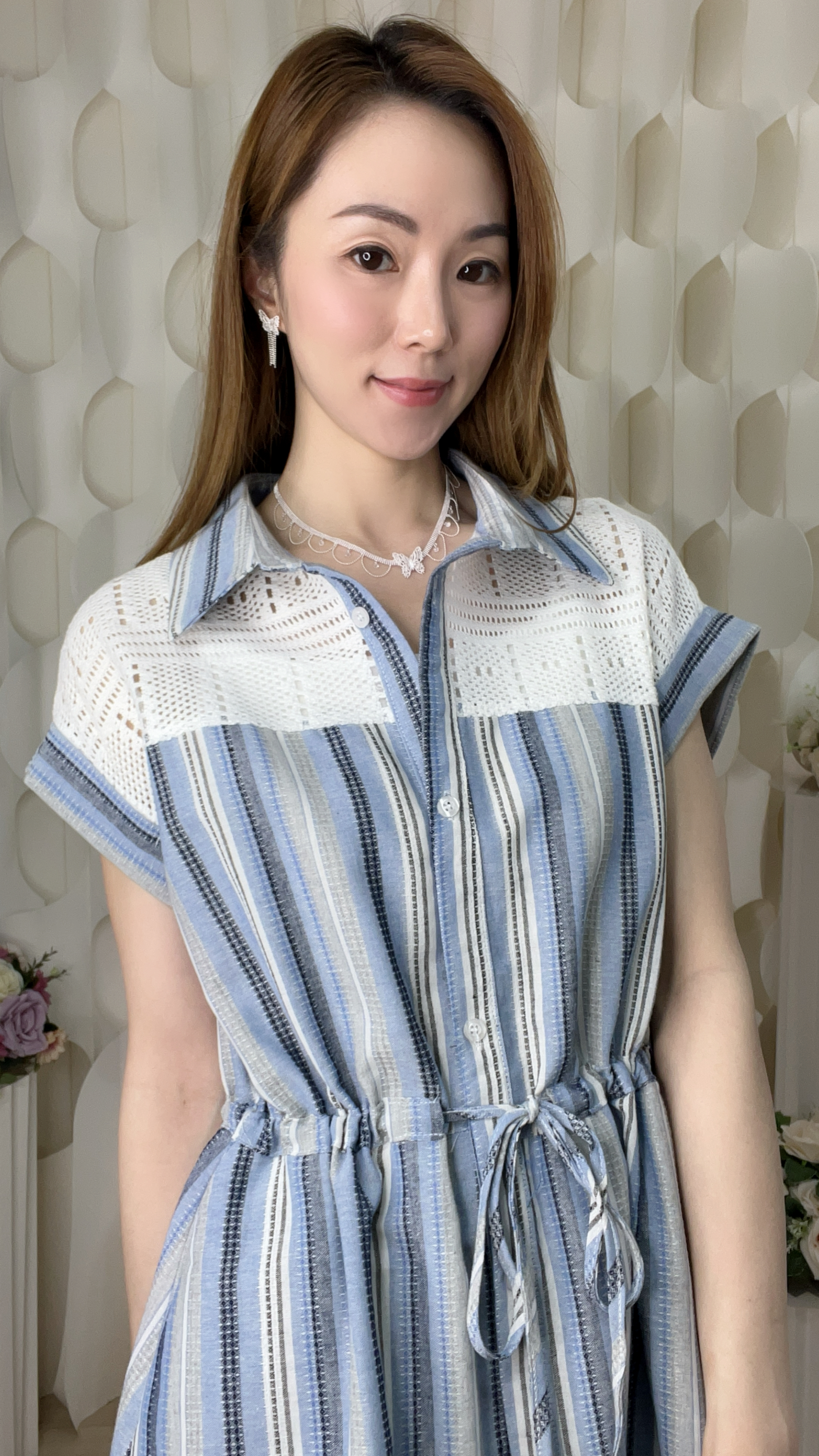 拼色條子束腰鏤空針仔拼棉麻連身裙(胸41 腰40 臀48 長42吋) 27240 #0304clo