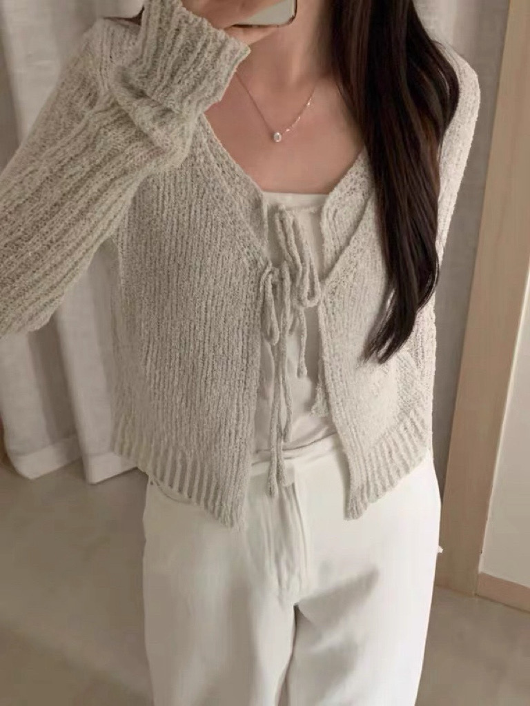 Airy double layers ribbon cardigan