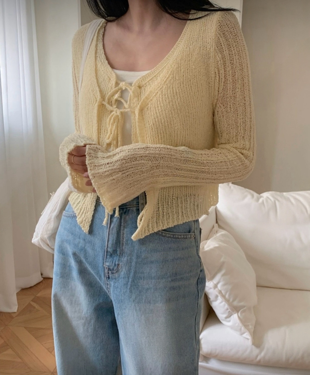 Airy double layers ribbon cardigan