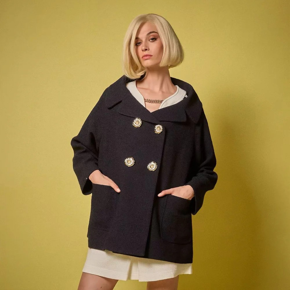 1EA0408-117 [EDWARD ACHOUR] Oversized Double-Breasted A-Line Pea Coat Navy #100211/1017 (EU)