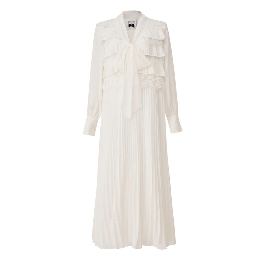1EA0408-120 [EDWARD ACHOUR] Pleated Tiered Ruffle Maxi Dress White #100403/1027 (EU)