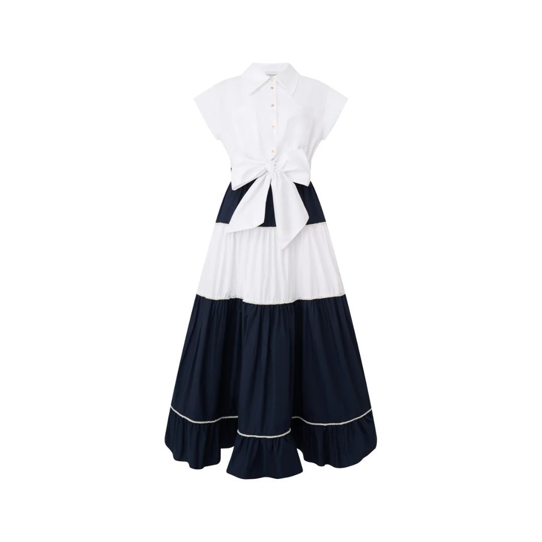 1EA0408-121 [EDWARD ACHOUR] Color-Block Tiered Bow Midi Dress White/Black #100407/1039 (EU)